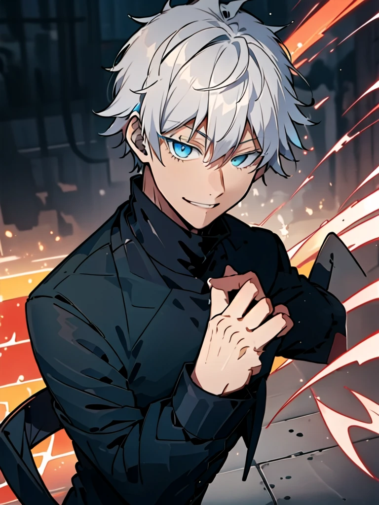 ((highest quality)),((table top)),((perfect face)), 1boy, (((detailed hands))) and sunglasses, ((high detail、cinematic lighting))、 disheveled gray hair、aquamarine eyes、white eyelashes, ショートヘアー and full body, satoru gojo, solo, cowboy shot, looking at the viewer, and ５two-fingered hand,(background blur), ((holographic)),milky way, (stripes of light), impressive visuals, (dynamic streak, path of light:1.2), bright colors