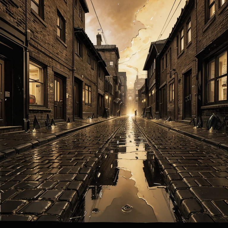 In a cold dark night, a cobbled, obscure and small alley in a working and smoking town where there is no passengers. This desert alley is lit by the pale glow of a street lamp. Several air vents spew smoke through air. The cobblestones of the smoking alley are wet and bear witness to the incessant rain which raged for several days previously. The atmosphere is oppressive. In the background, hidden by a few clouds, the buildings of the city can be seen. These buildings are reflected in the puddles on the cobblestones.