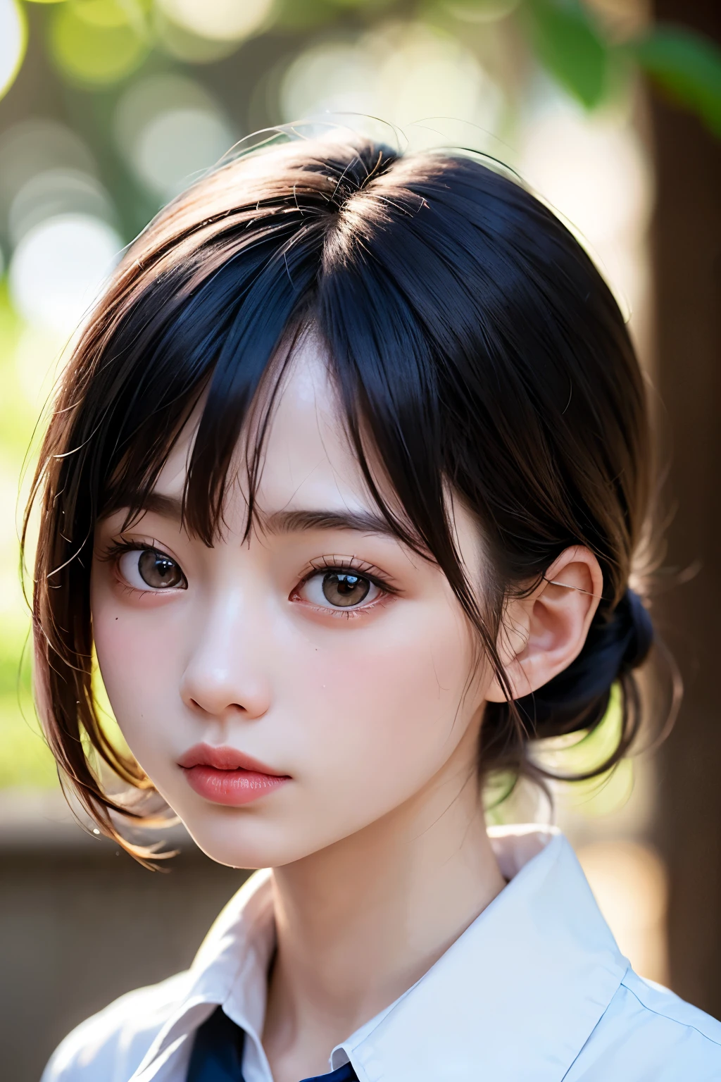(1 nogizaka girl,raw photo,photo realistic:1.5),(best quality, high quality,HDR, highest quality,ultra high resolution,high resolution,high res,ultra high difinition,huge file size,8K,2K wallpaper,8K wallpaper,high quality texture,amazing,an extremely delicate:1.4),one girl, Japanese famous idol,beautiful face,small face,absurd,ridiculous,incredibly ridiculous,portrait,breasts close up,blurry background,(school uniform,no makeup:1.2),medium skin,beautiful skin,detailed skin,small head,black hair,silky hair,(Japanese eyes:1.3),detailed eyes,black eyes,Japanese idol eyes,Japanese nose,5-fingers,(eyebrow:-0.5),(Light Particles, Lens Flare, Luminous Particles: 0.7),looking at viewer,bright lighting,professional lighting,girl