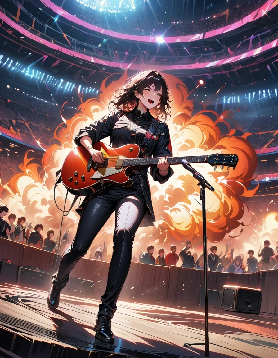 (best quality,4K,8K,high resolution,masterpiece:1.2),Super detailed,(actual,photoactual,photo-actual:1.37),rock star,singer,Guitar,Uniform,Black,tight,golden accents,spacewalk,hysterical singing,Stage lighting,rebellious,glitch art,bright colors,Energetic performance,electric atmosphere,loud music,screaming fans,Huge speakers,Fiery explosion,dynamic poses,Smoke and fog effects,expressive face,rotating lights,Flash,dark background,edgy style,wild hair,microphone stand,Guitar sound distortion,rock music,Celebrity,Electric Guitar Solo,huge concert stage,strut on stage,Condescending,Emotional intensity,Loud and heavy drum beat,Electric energy,Stage fireworks,Powerful vocal performance,the stadium has a full crowd,thousands of fans,Roaring crowd,flash,electric atmosphere,sweaty and Energetic performance,legendary figures,Acting skills,standing ovation