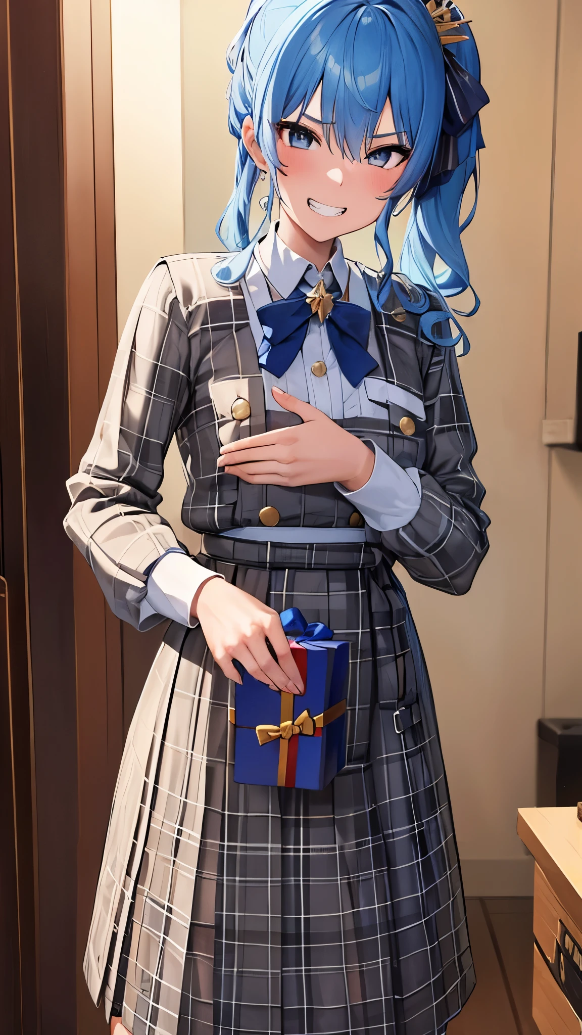 ((((Give the boy a gift box)))), (Gift exchange) ,(((Give a gift))), flat tits,8K,highest quality,masterpiece, highest quality, High resolution, side ponytail, hoshimachi suisei,thin , skinny ,she is sadistic、 ((charm))、Keep your lips open、 (((evil grin)))、perfect proportions、((in her room))、(((she is standing))),from below,