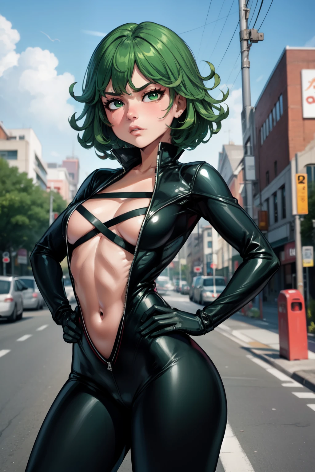 (masterpiece), best quality, expressive eyes, perfect face, 1girl, tatsumaki, breasts, standing, ((small breast)), solo, (abs), ((green hair)), short hair, curly hair, green eyes, ((tsundere)), serious, looking at viewer, perfect eyes, perfect face, latex bikesuit,cross-laced, navel,latex gloves, outdoors, road, hands on hips
