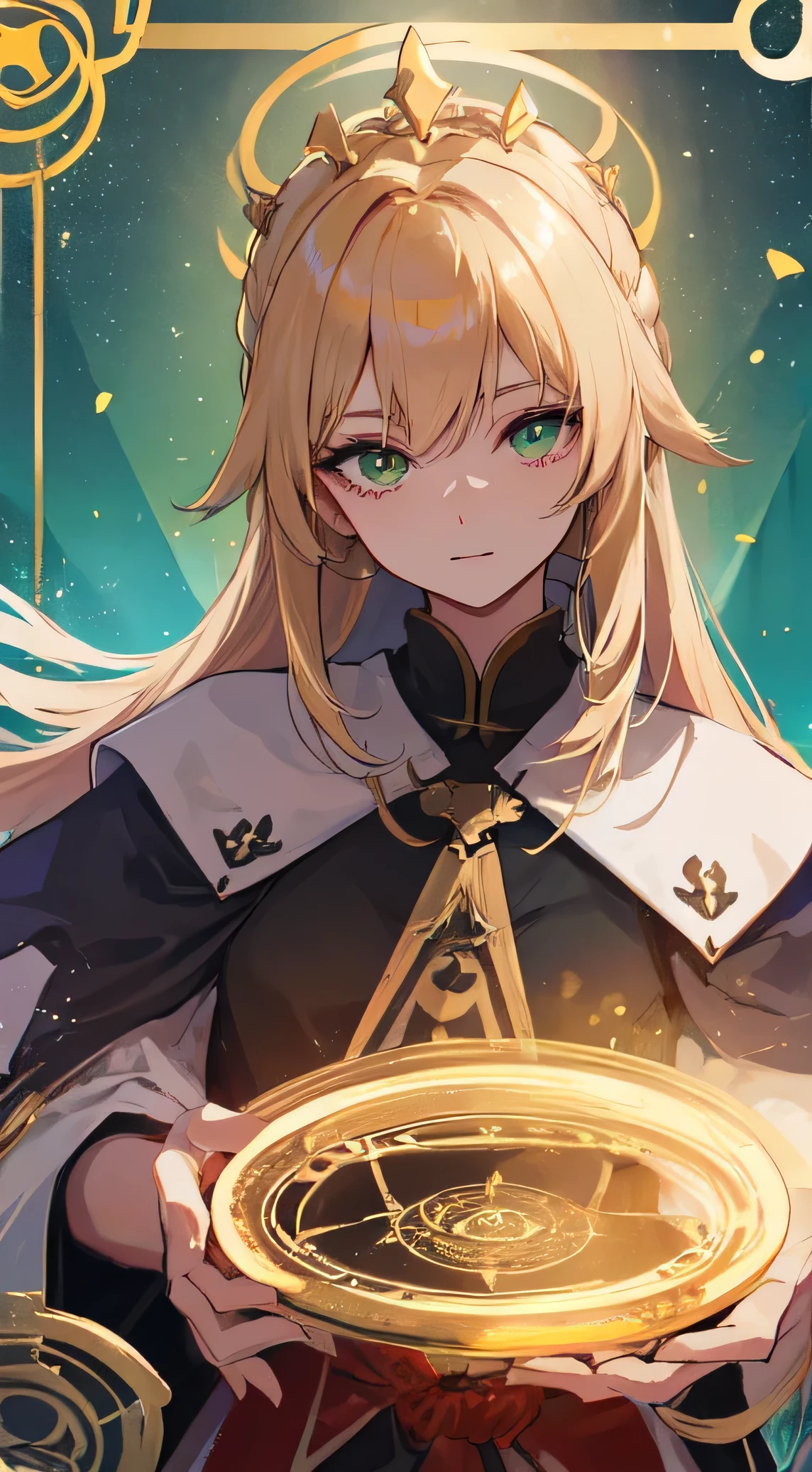 35 year old female ,long blonde hair, green eyes, Thin, Big , queen, magic circle, priest, Western style priest lightly dressed, Make it like tarot anime style but without the frame, Warm eyes , light, bright, treat, Golden beam, Golden energy, Golden particles