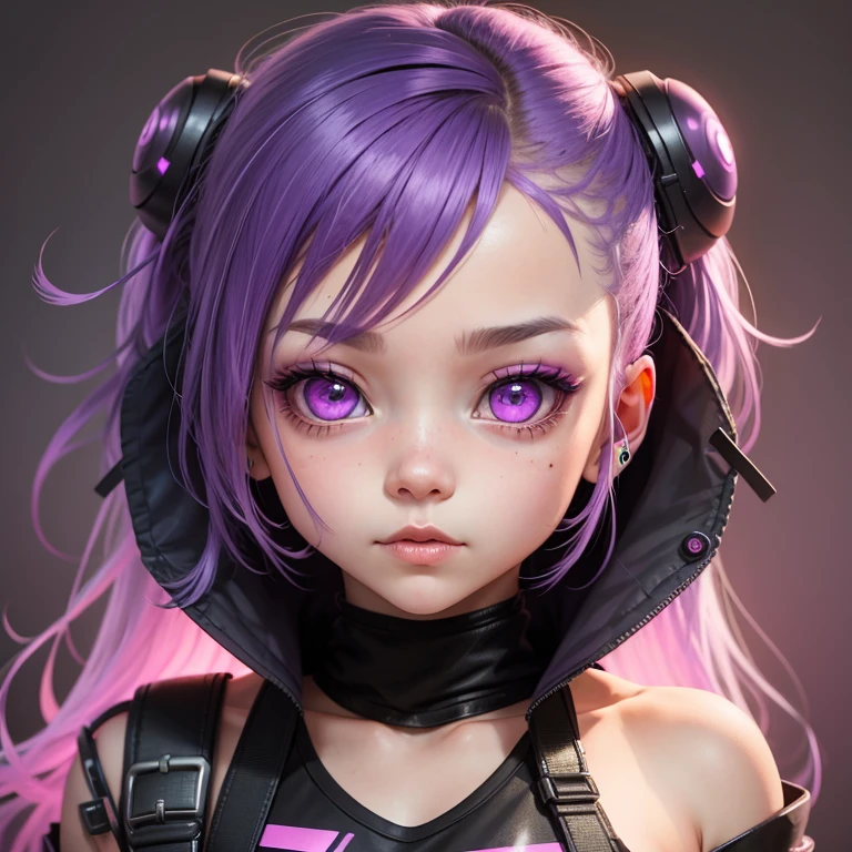 violet hair girl, pink patch on her eye, cyberpunk style, chibi character, acid vibrant colors, a minimal background
