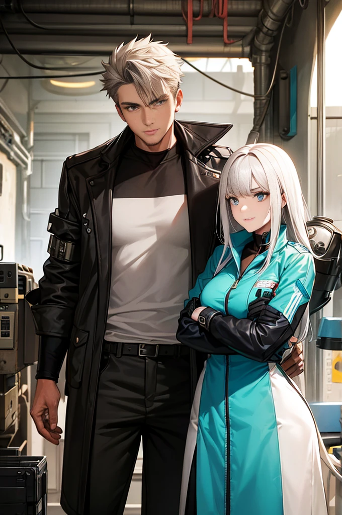 a cybernetically enhanced young man in brown duster jacket with white hair stands alongside a cheerful female mechanic with black hair in a cluttered workshop. They embody the contrast between gritty cyberpunk aesthetics and the warmth of human connection amidst the advanced technological surroundings while in a posing position