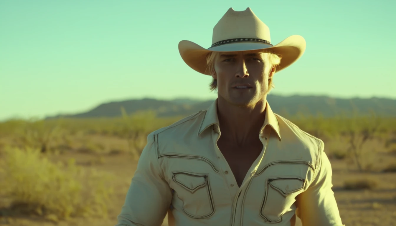 A scene from a movie of a blond handsome man dressed as a cowboy, wearing a hat, tanned skin, intimidating, masculine, ayes perfect, body perfect, face perfect, background of a desert field, hot sun, cinematic Colors. 4K, Movie, 8K
