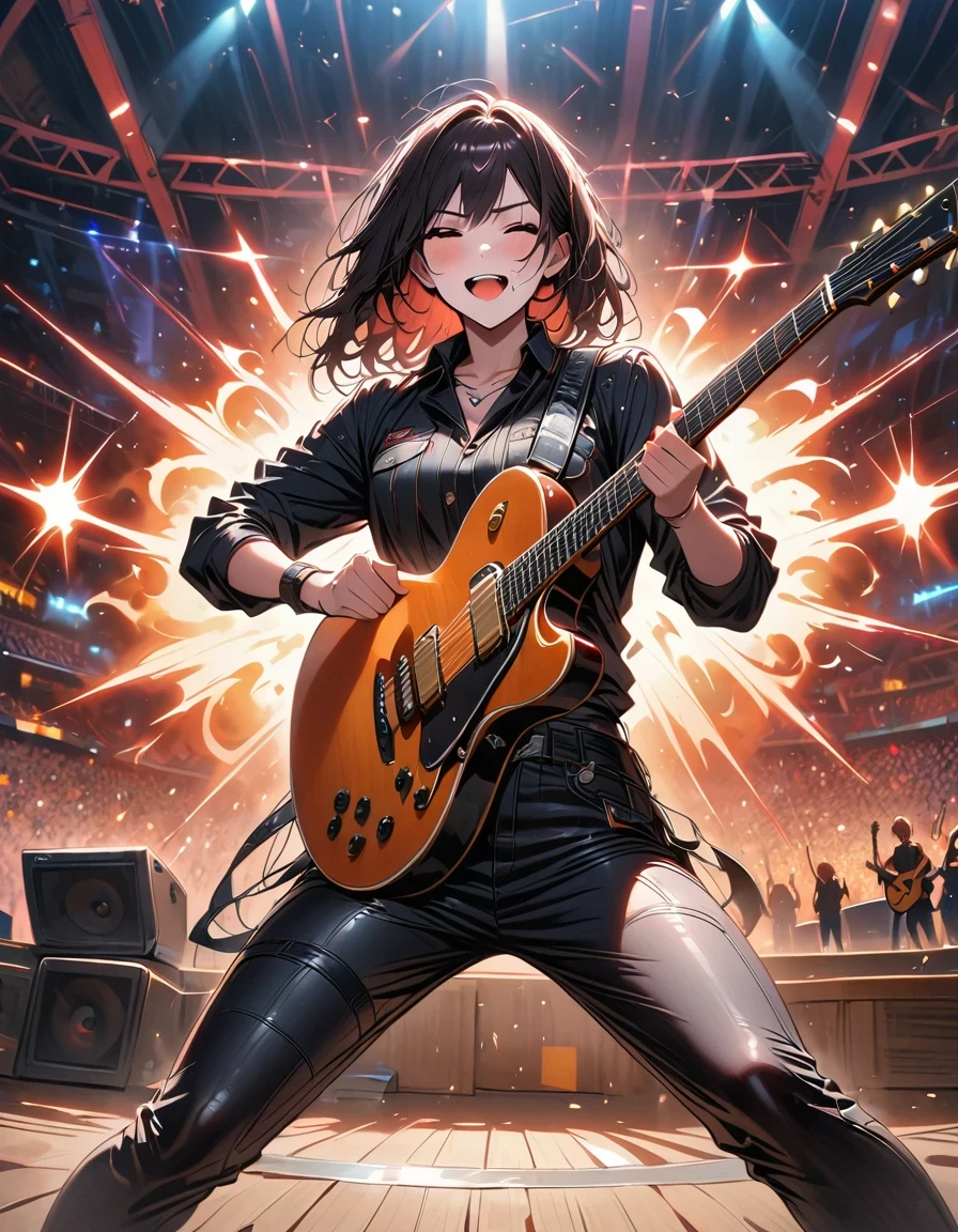 (best quality,4K,8K,high resolution,masterpiece:1.2),Super detailed,(actual,photoactual,photo-actual:1.37),rock star,singer,Guitar,Uniform,Black,tight,golden accents,spacewalk,hysterical singing,Stage lighting,rebellious,glitch art,bright colors,Energetic performance,electric atmosphere,loud music,screaming fans,Huge speakers,Fiery explosion,dynamic poses,Smoke and fog effects,expressive face,rotating lights,Flash,dark background,edgy style,wild hair,microphone stand,Guitar sound distortion,rock music,Celebrity,Electric Guitar Solo,huge concert stage,strut on stage,Condescending,Emotional intensity,Loud and heavy drum beat,Electric energy,Stage fireworks,Powerful vocal performance,the stadium has a full crowd,thousands of fans,Roaring crowd,flash,electric atmosphere,sweaty and Energetic performance,legendary figures,Acting skills,standing ovation