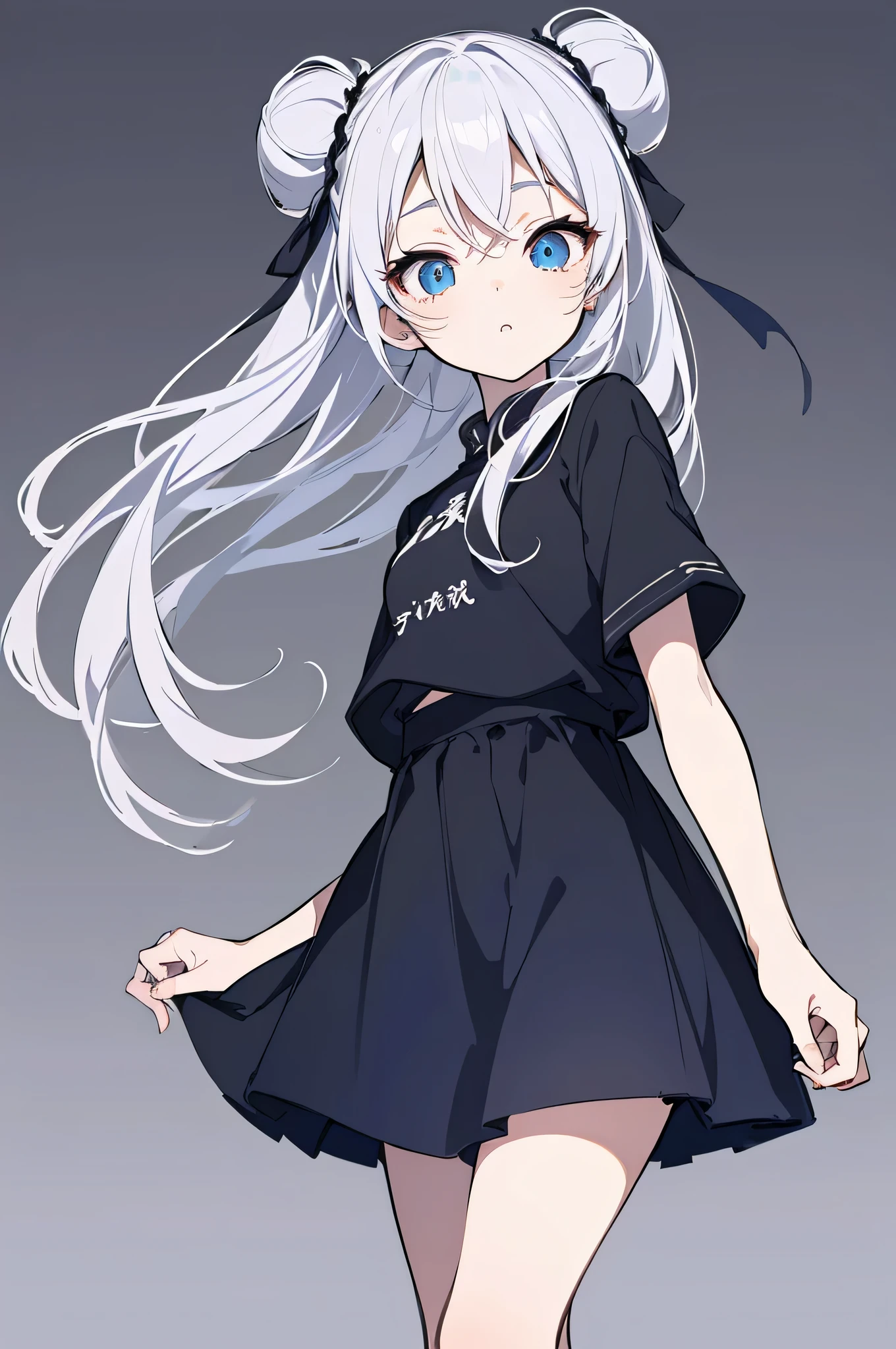 (highest quality:1.2), anime sketch, black and white, Black lineart, Cartoon character design, 1 girl, alone, Big eyes, cute expression, double buns, shirt, Work clothes, sneakers, Are standing, playful, interesting, simple lines,period drama,Forbidden City,dark blue costume,sexy