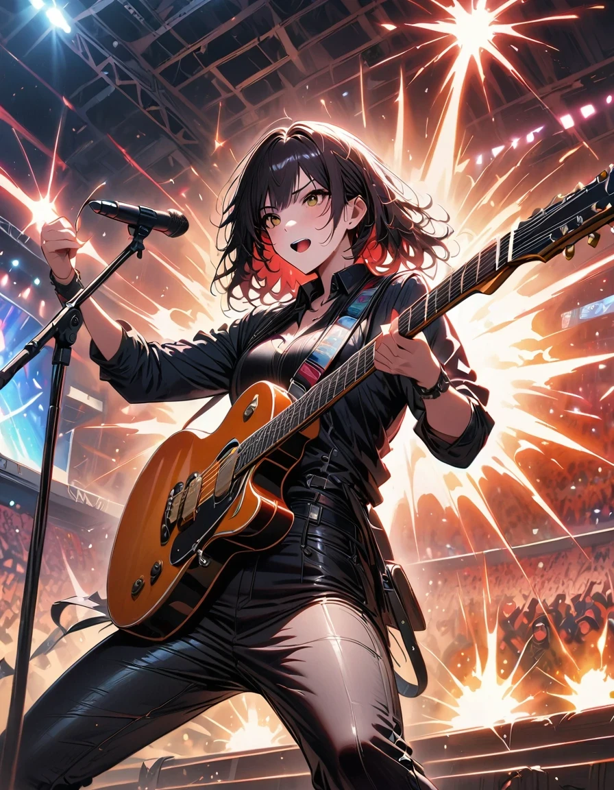 (best quality,4K,8K,high resolution,masterpiece:1.2),Super detailed,(actual,photoactual,photo-actual:1.37),rock star,singer,Guitar,Uniform,Black,tight,golden accents,spacewalk,hysterical singing,Stage lighting,rebellious,glitch art,bright colors,Energetic performance,electric atmosphere,loud music,screaming fans,Huge speakers,Fiery explosion,dynamic poses,Smoke and fog effects,expressive face,rotating lights,Flash,dark background,edgy style,wild hair,microphone stand,Guitar sound distortion,rock music,Celebrity,Electric Guitar Solo,huge concert stage,strut on stage,Condescending,Emotional intensity,Loud and heavy drum beat,Electric energy,Stage fireworks,Powerful vocal performance,the stadium has a full crowd,thousands of fans,Roaring crowd,flash,electric atmosphere,sweaty and Energetic performance,legendary figures,Acting skills,standing ovation