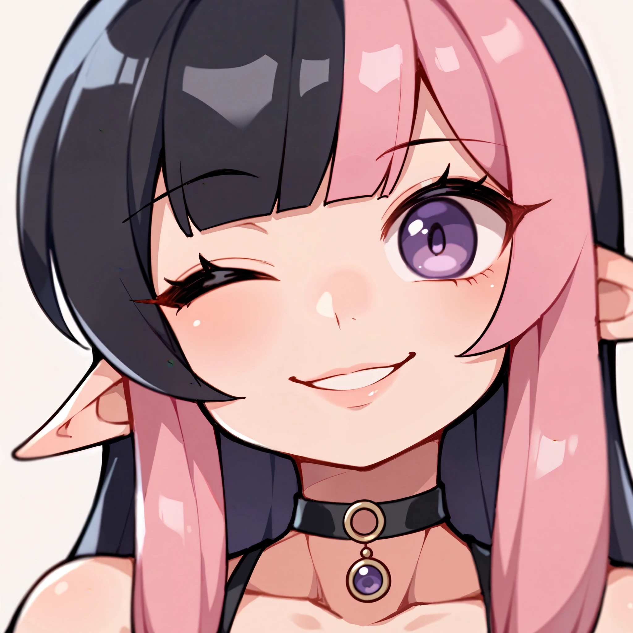 score_9, score_8_up, score_7_up, 1girl, smirk, wink, ((portrait)), ((curvy)), ((twitch emote)), (((cute face))), long hair, bangs, black pink hair, ((black and pink hair)), ((black hair)), gorgeous purple eyes, big eyes, anime eyes, eyeliner, long lashes, soft and full lips, choker, jewelry, crop top, (Jelly Art Style:0.2), ((anime style:0.8)), (((white background))), twitch emote,