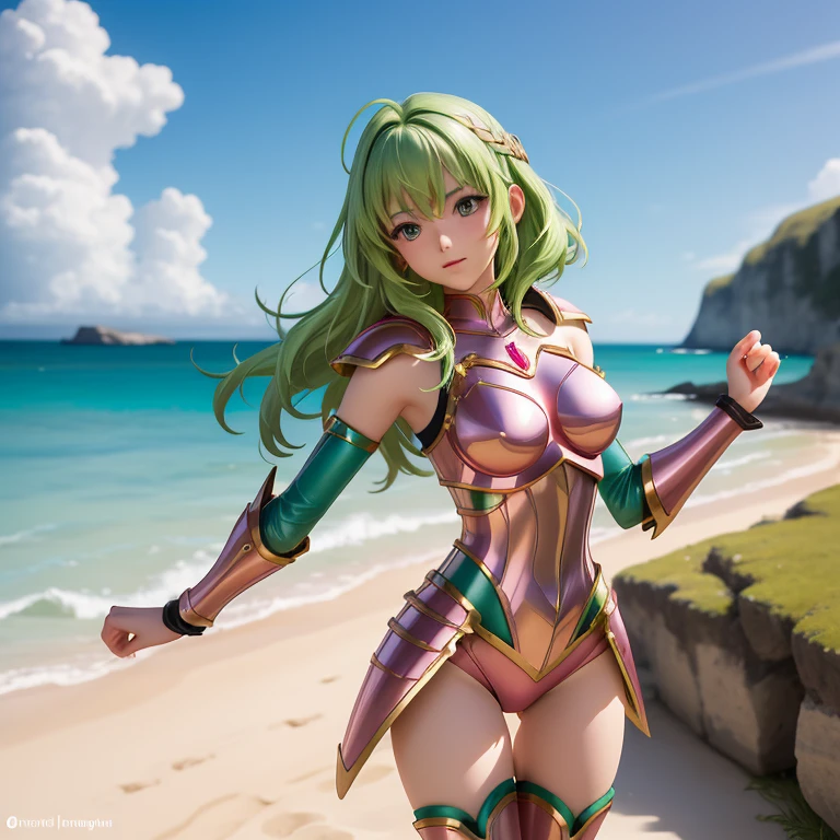 une femme, 25 ans, manga, cheveux longs, cheveux de couleur verte, green hairs, pink armor, armure de couleur rose, armure d'andromède de couleur rose, pink colored shoulder pads, pink shoulder armour, pink shest armour, saint seiya, shun, andromeda, chains attached to the arms, casque, chevalier du zodiaque, on an isolated island, falaise, pilier de pierre