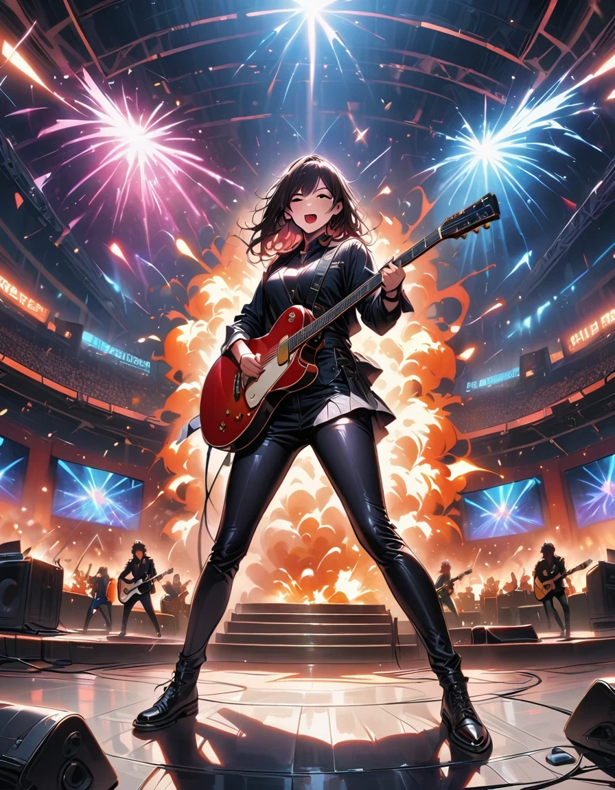 (best quality,4K,8K,high resolution,masterpiece:1.2),Super detailed,(actual,photoactual,photo-actual:1.37),rock star,singer,Guitar,Uniform,Black,tight,golden accents,spacewalk,hysterical singing,Stage lighting,rebellious,glitch art,bright colors,Energetic performance,electric atmosphere,loud music,screaming fans,Huge speakers,Fiery explosion,dynamic poses,Smoke and fog effects,expressive face,rotating lights,Flash,dark background,edgy style,wild hair,microphone stand,Guitar sound distortion,rock music,Celebrity,Electric Guitar Solo,huge concert stage,strut on stage,Condescending,Emotional intensity,Loud and heavy drum beat,Electric energy,Stage fireworks,Powerful vocal performance,the stadium has a full crowd,thousands of fans,Roaring crowd,flash,electric atmosphere,sweaty and Energetic performance,legendary figures,Acting skills,standing ovation