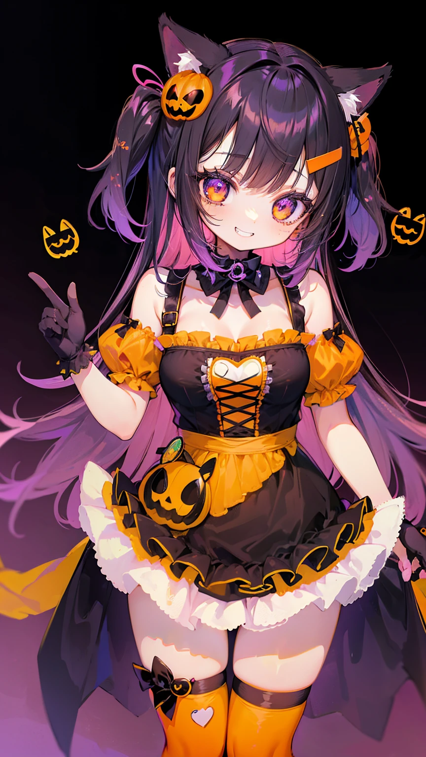 halloween theme, "kawaii, Cute orenge bunny girl in cute smile with teeth and holdinga halloween candy, poser, Adorable girl in orenge, neon orenge black, and baby lime color scheme. She wears halloween-themed clothing. Her outfit is fluffy and soft, With decora accessories like hair clips. She embodies a vibrant and trendy Harajuku fashion style."