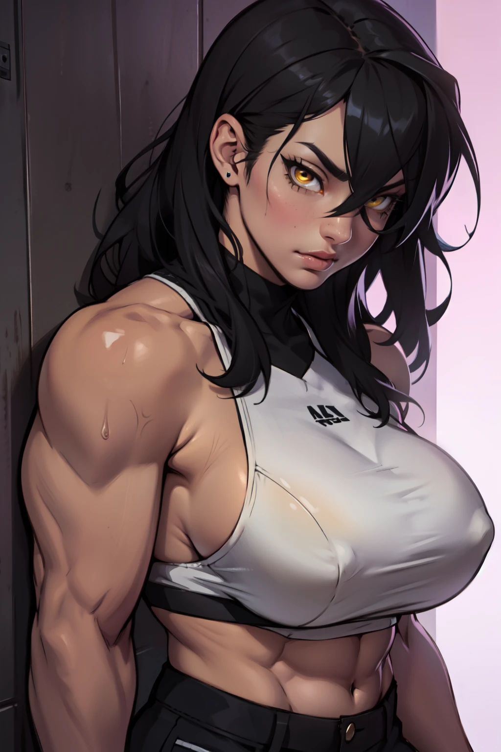 muscular girl black hair yellow eyes seductive girl seductive girl
