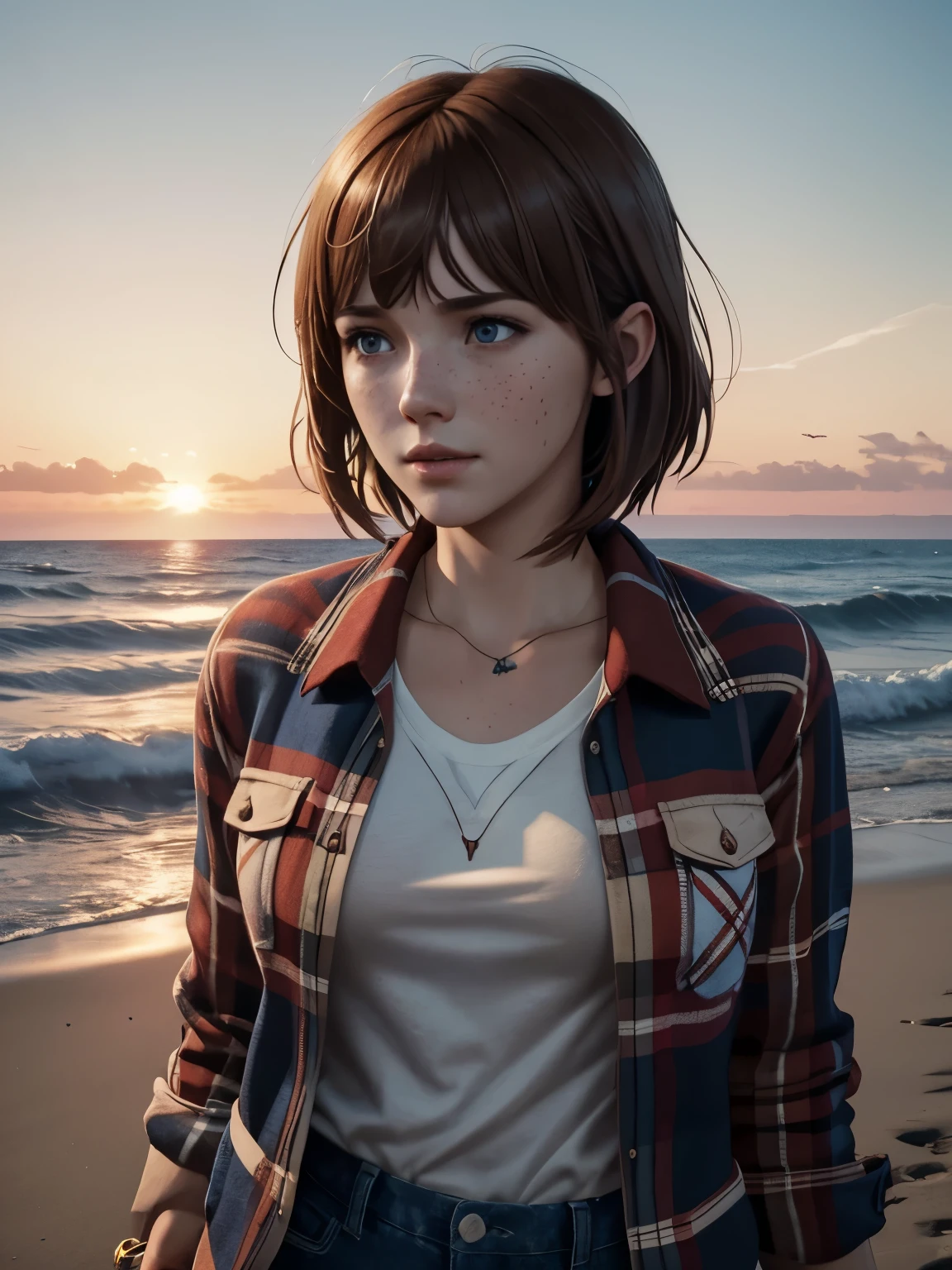 Max Caulfield from Life is Strange, brown short, blue eyes, freckles, bangs, wearing white shirt, red flannel jacket, Background sunset on the beach, blue butterfly flying