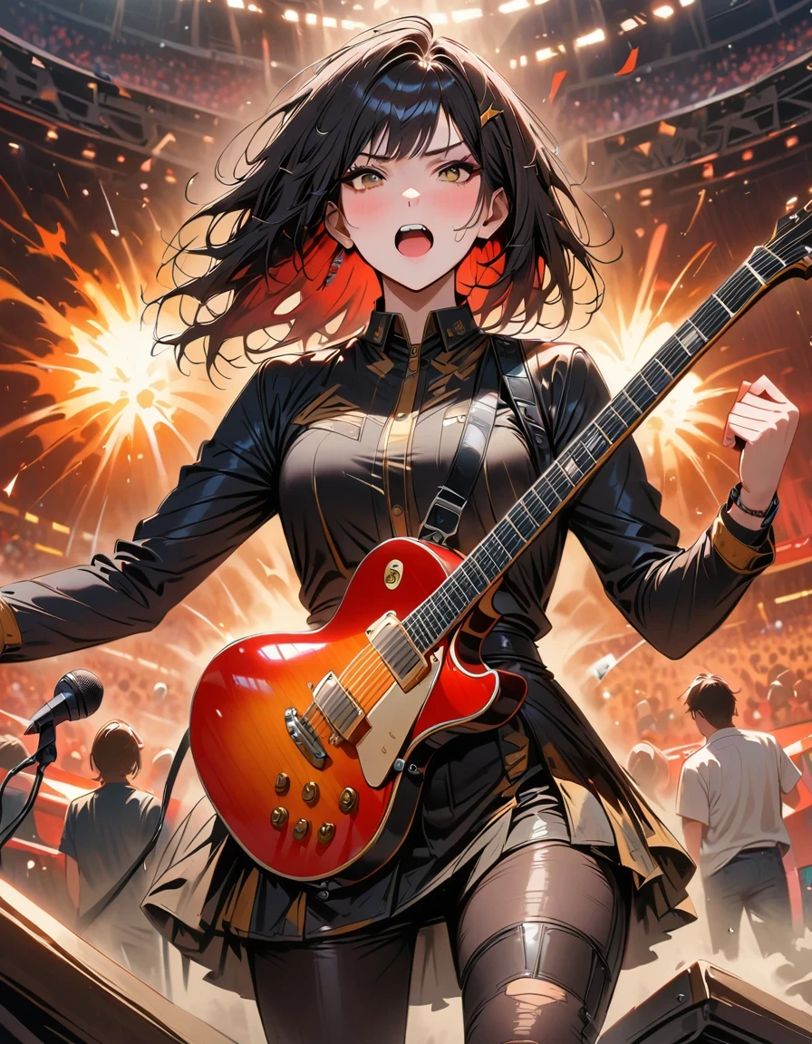 (best quality,4K,8K,high resolution,masterpiece:1.2),Super detailed,(actual,photoactual,photo-actual:1.37),rock star,singer,Guitar,Uniform,Black,tight,golden accents,spacewalk,hysterical singing,Stage lighting,rebellious,glitch art,bright colors,Energetic performance,electric atmosphere,loud music,screaming fans,Huge speakers,Fiery explosion,dynamic poses,Smoke and fog effects,expressive face,rotating lights,Flash,dark background,edgy style,wild hair,microphone stand,Guitar sound distortion,rock music,Celebrity,Electric Guitar Solo,huge concert stage,strut on stage,Condescending,Emotional intensity,Loud and heavy drum beat,Electric energy,Stage fireworks,Powerful vocal performance,the stadium has a full crowd,thousands of fans,Roaring crowd,flash,electric atmosphere,sweaty and Energetic performance,legendary figures,Acting skills,standing ovation