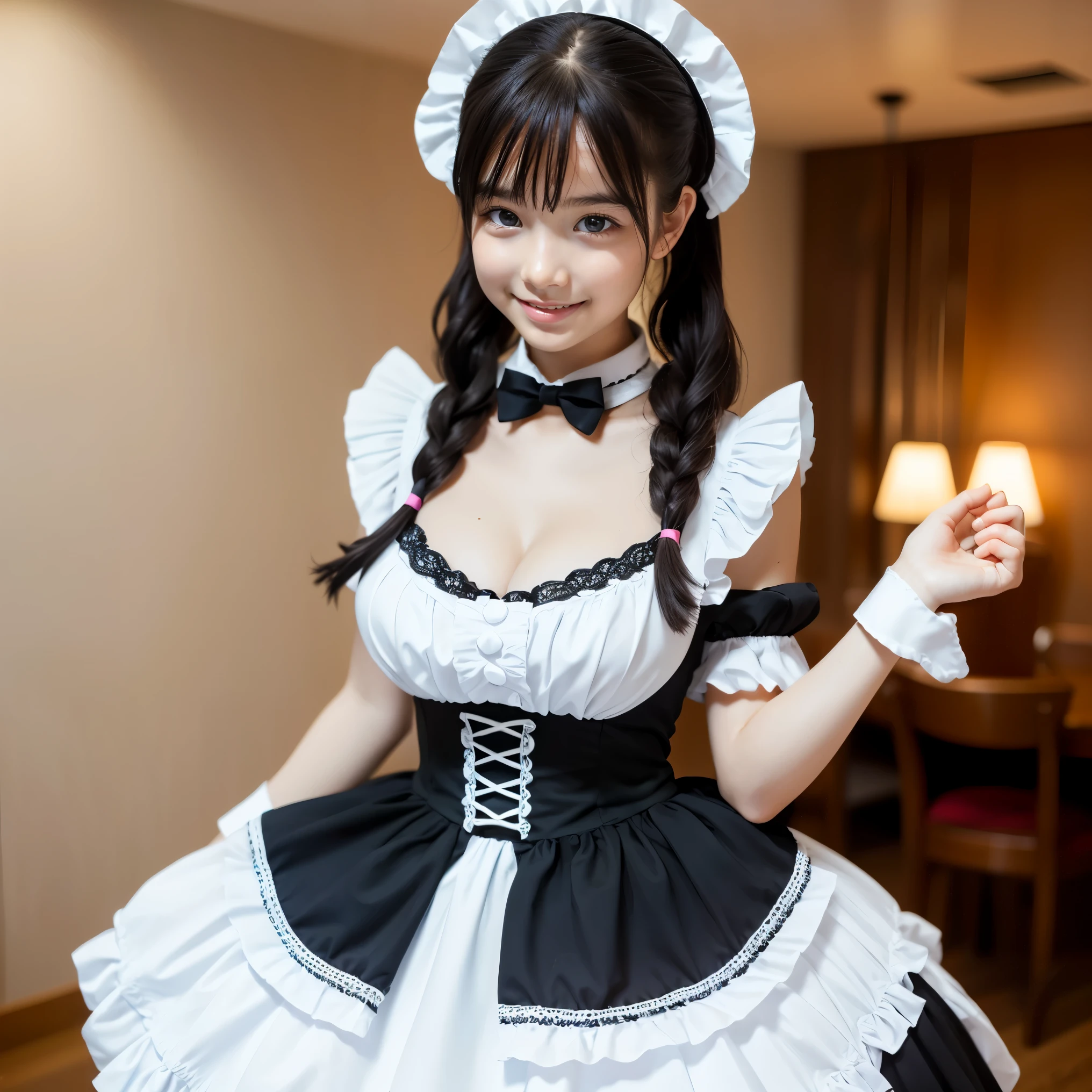 (highest quality、masterpiece、8K、best image quality、hyper realism、Award-winning work)、1 maid、(alone:1.1)、(1 photo:1.1)、(Girly and cute black and white frilly lolita maid dress:1.2)、(明るく輝くThe perfect Lolita maid dress in black and white:1.1)、(Very intricate and detailed Lolita maid dress:1.2)、(The perfect Lolita maid dress in black and white:1.2)、(A very intricate and cutely decorated Lolita maid dress:1.2)、Maid dress with ribbons and frills、(Perfect twin tail hair:1.2)、cleavage、big breasts、(low length:1.1)、(height: 140cm:1.1)、big breasts、emphasize body line、slender body、Standing Elegantly、(Blurred maid cafe background:1.1)、(The background is a strongly blurred maid cafe:1.2)、(The most natural and perfect maid cafe interior:1.2)、(Classy and cozy cafe:1.1)、blurred background、Standing Elegantly女性の全身写真、accurate anatomy、perfect makeup、long eyelashes、glossy lips、Ultra high definition glossy skin、(Ultra-high definition bright and beautiful skin:1.2)、超高精細のglossy lips、Super high definition beautiful teeth