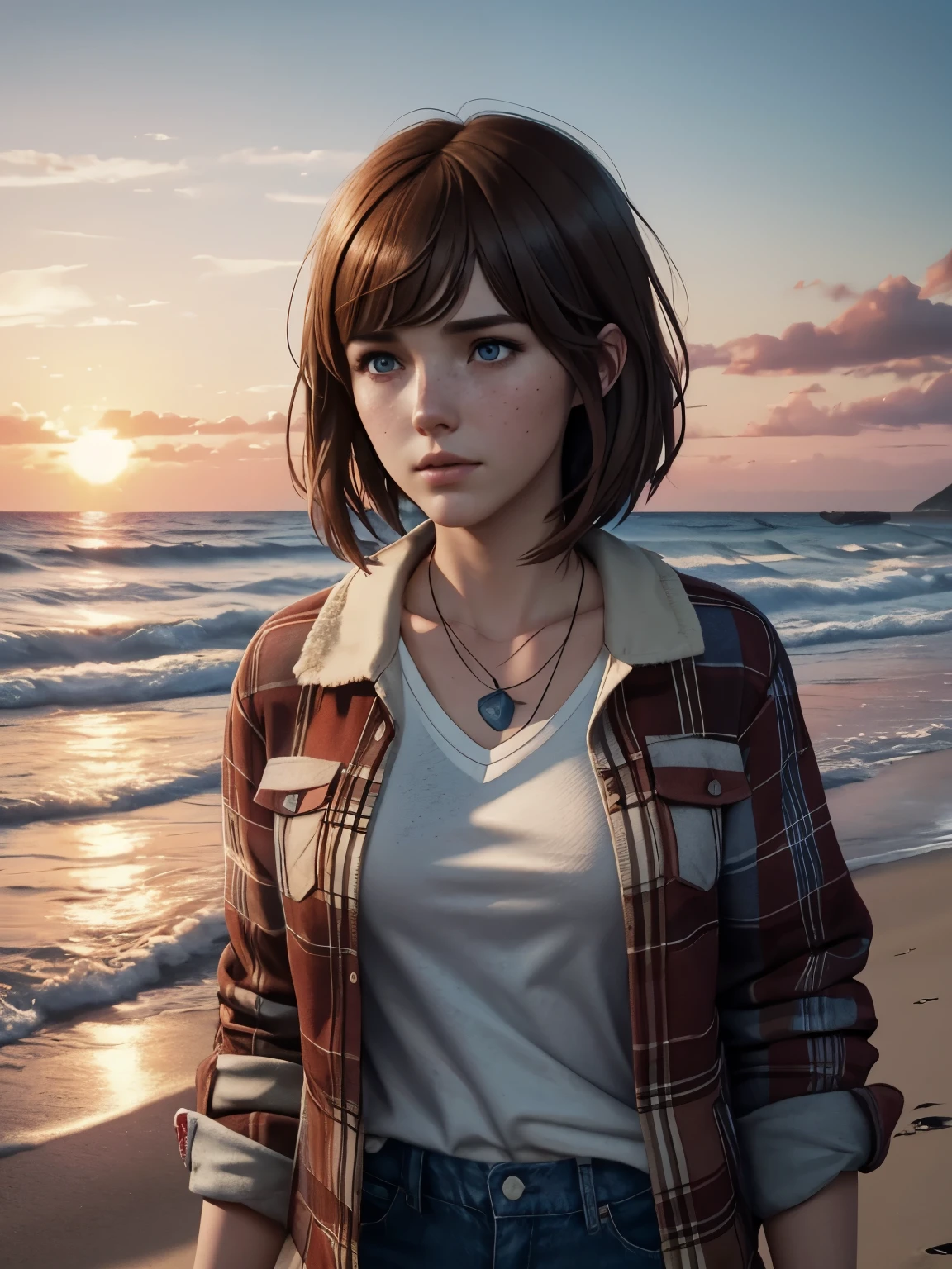 Max Caulfield from Life is Strange, brown short, blue eyes, freckles, bangs, wearing white shirt, red flannel jacket, Background sunset on the beach, blue butterfly flying