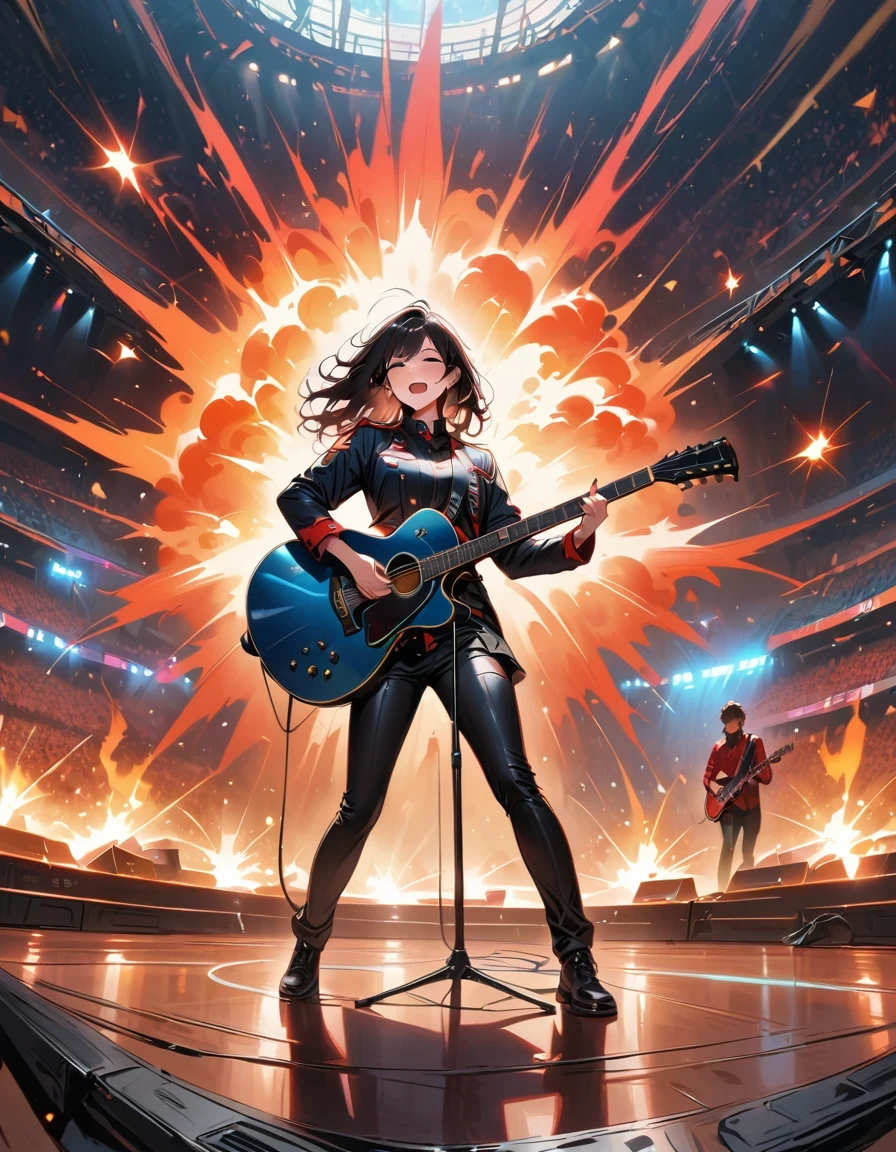 (best quality,4K,8K,high resolution,masterpiece:1.2),Super detailed,(actual,photoactual,photo-actual:1.37),rock star,singer,Guitar,Uniform,Black,tight,golden accents,spacewalk,hysterical singing,Stage lighting,rebellious,glitch art,bright colors,Energetic performance,electric atmosphere,loud music,screaming fans,Huge speakers,Fiery explosion,dynamic poses,Smoke and fog effects,expressive face,rotating lights,Flash,dark background,edgy style,wild hair,microphone stand,Guitar sound distortion,rock music,Celebrity,Electric Guitar Solo,huge concert stage,strut on stage,Condescending,Emotional intensity,Loud and heavy drum beat,Electric energy,Stage fireworks,Powerful vocal performance,the stadium has a full crowd,thousands of fans,Roaring crowd,flash,electric atmosphere,sweaty and Energetic performance,legendary figures,Acting skills,standing ovation