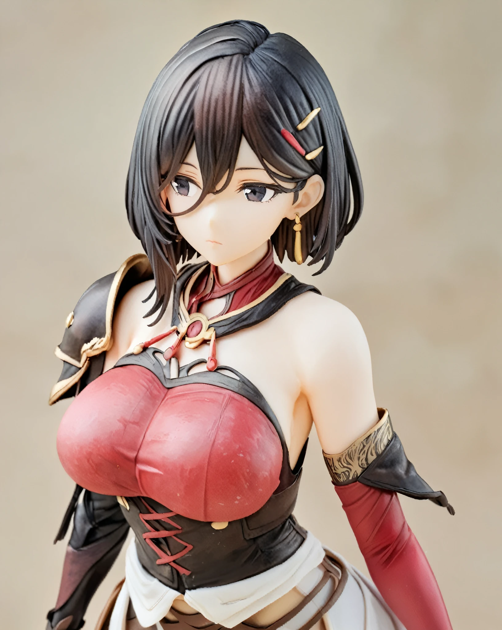 masterpiece, best quality, watercolor (medium), 1girl, breast, alone, short hair, split, Red and black hair, black eyes, earrings, Bangs, jewelry, skirt, bare shoulders, sleeveless, hair between eyes, 单pauldron, looking at the audience, large breast, armor, shoulder armor, sleeveless skirt, Upper body, single sleeve, white skirt, pauldron, 