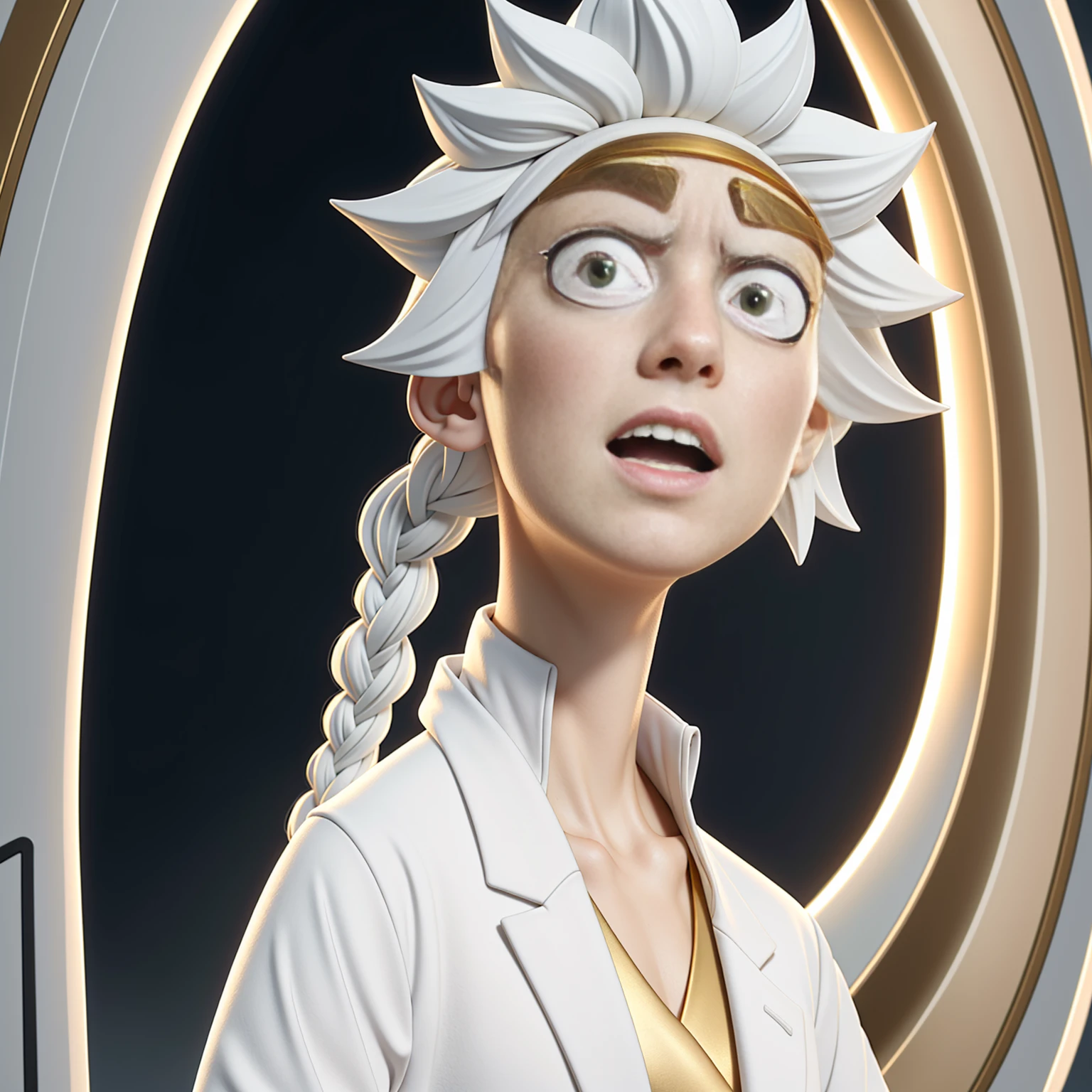 best quality, masterpiece,white hair, gold eyes,white clothes, looking up, upper body,hair strand,Fair skin,side braids, Rick Sanchez 