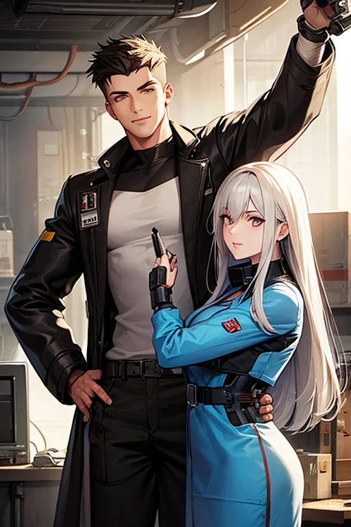 a cybernetically enhanced young man in brown duster jacket with white hair stands alongside a cheerful female mechanic with black hair in a cluttered workshop. They embody the contrast between gritty cyberpunk aesthetics and the warmth of human connection amidst the advanced technological surroundings while in a posing position