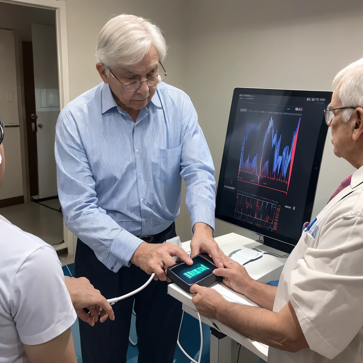 Heart monitoring and checking on the heart condition using ai technology, multi cardiogram graph, an elderly man testing in a professional hospital check up