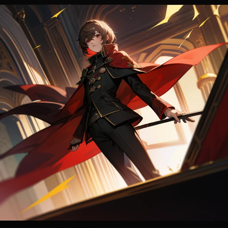 joven, cabello morado, cara de akechi, ojos celestes, En una biblioteca, fantasy pound, Final Fantasy Type-0, Traje Zero Class, uniforme negro, sosteniendo un libro, Little red cape,, 4k, Final Fantasy