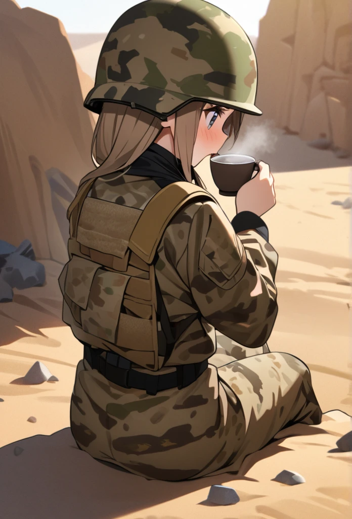 High quality, high definition images, full HD、8k.1 girl Short chestnut hair wearing US combat uniform Wear a helmet deeply,desert camouflage 、Sitting on desert rubble, eating rations, coffee in hand,back view,Turn around and look embarrassed