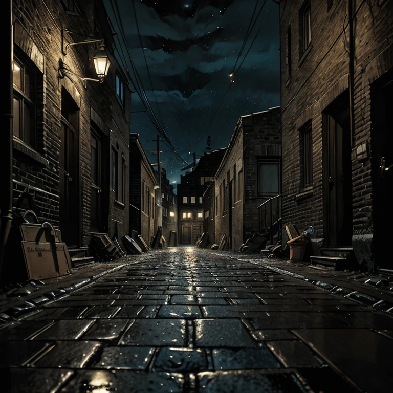 In a dark night, a cobbled, obscure and small alley in a working and smoking town where there is no passengers. This desert alley is lit by the pale glow of a street lamp. Many air vents spew smoke through air in the cold night. The cobblestones of the smoking alley bear witness to the incessant rain which raged for several days previously. The atmosphere is oppressive. In the blurred background, the buildings of the city stand up against the dark sky. These buildings are reflected in the puddles on this cobbled alley.