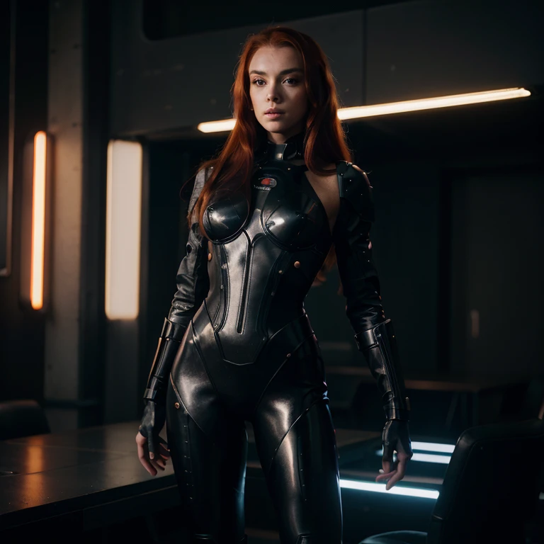A very beautiful cybernetic girl, with long fiery red hair, slender, Futurism, cyberpunk, steampunk, dressed in a black x shiny futuristic suit with elements of space and ancient ethnos, The girl looks like Marilyn Monroe, stands full-length on a dark background with bright shimmering neon lights, in bright flashes of neon light, cinematic quality, Masterpiece, high quality photo Cinematic Frame, Hasselblad X2D, ultra-detailed, photorealistic, cinematic quality, looking at camera.