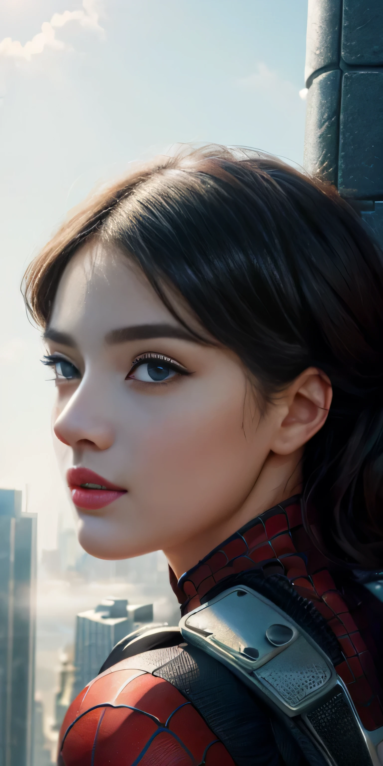 (1girl:1.3), Solo, (((Very detailed face)))), ((Very detailed eyes and face)))), Beautiful detail eyes, Body parts__, Official art, Unified 8k wallpaper, Super detailed, beautiful and beautiful, beautiful, masterpiece, best quality, original, masterpiece, super fine photo, best quality, super high resolution, realistic realism, sunlight, full body portrait, amazing beauty, dynamic pose, delicate face, vibrant eyes, (from the front), She wears Spider-Man suit, red and black color scheme, spider, very detailed city roof background, rooftop, overlooking the city, detailed face, detailed complex busy background, messy, gorgeous, milky white, highly detailed skin, realistic skin details, visible pores, clear focus, volumetric fog, 8k uhd, DSLR, high quality, film grain, fair skin, photo realism, lomography, futuristic dystopian megalopolis, translucent