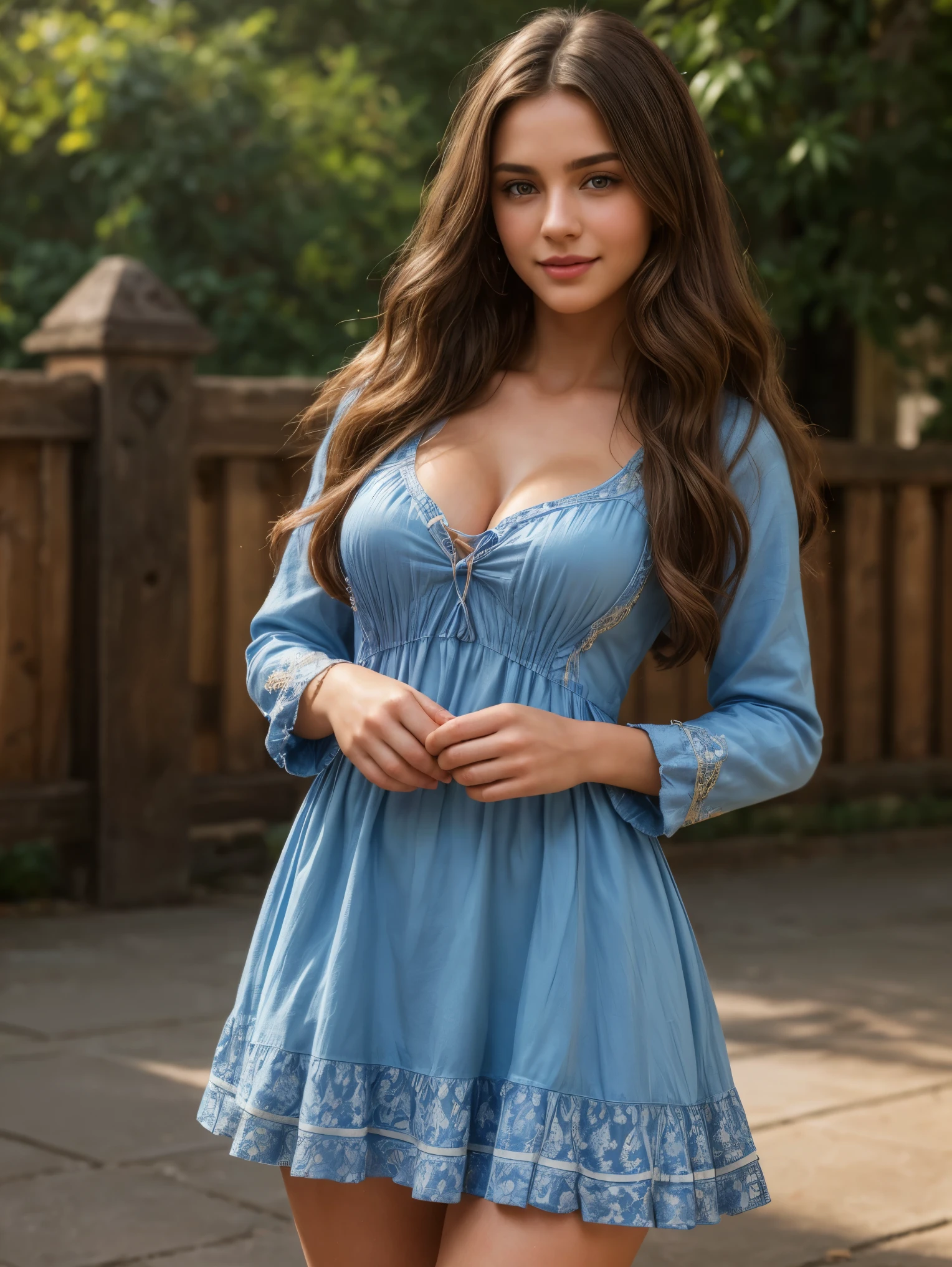 Beauty standing in old Village, 1 girl, a 21-year-old white American girl, absolute beauty, long brunette hair, ((wearing a alice blue fashion dress)), different posing styles, looking at the viewer, ultra-realistic, hyper-realistic, ultra-detailed, hyper-detailed, 35mm F/28, hyper-detailed full body shot of a girl, nice face, smile, sexy body, ((medium breast)), Deep cleavage, reddish brown lips, long stomach, aesthetic body, rich colors, face focused, 8K, HD Crisp Upscale, realistic lying， RAW photography， best quality： 1.4, temple on the background , Beautiful details eye, , thick thighs, wide hips, long wavy hair, High-detailed, perfectly located eyes, perfect eyes, photographed on a Canon EOS R5, 50mm lens, F/2.8, HDR, (cinematic lighting), (dramatic lighting), (sharp focus), (intricate), fashion, realistic skin texture, (( perfect anatomy)), ((detailed face:1.2)), ((detailed facial features)), (finely detailed skin), masterpiece), (perfect proportion), (realistic photo), (best quality: 1.6), (detailed),