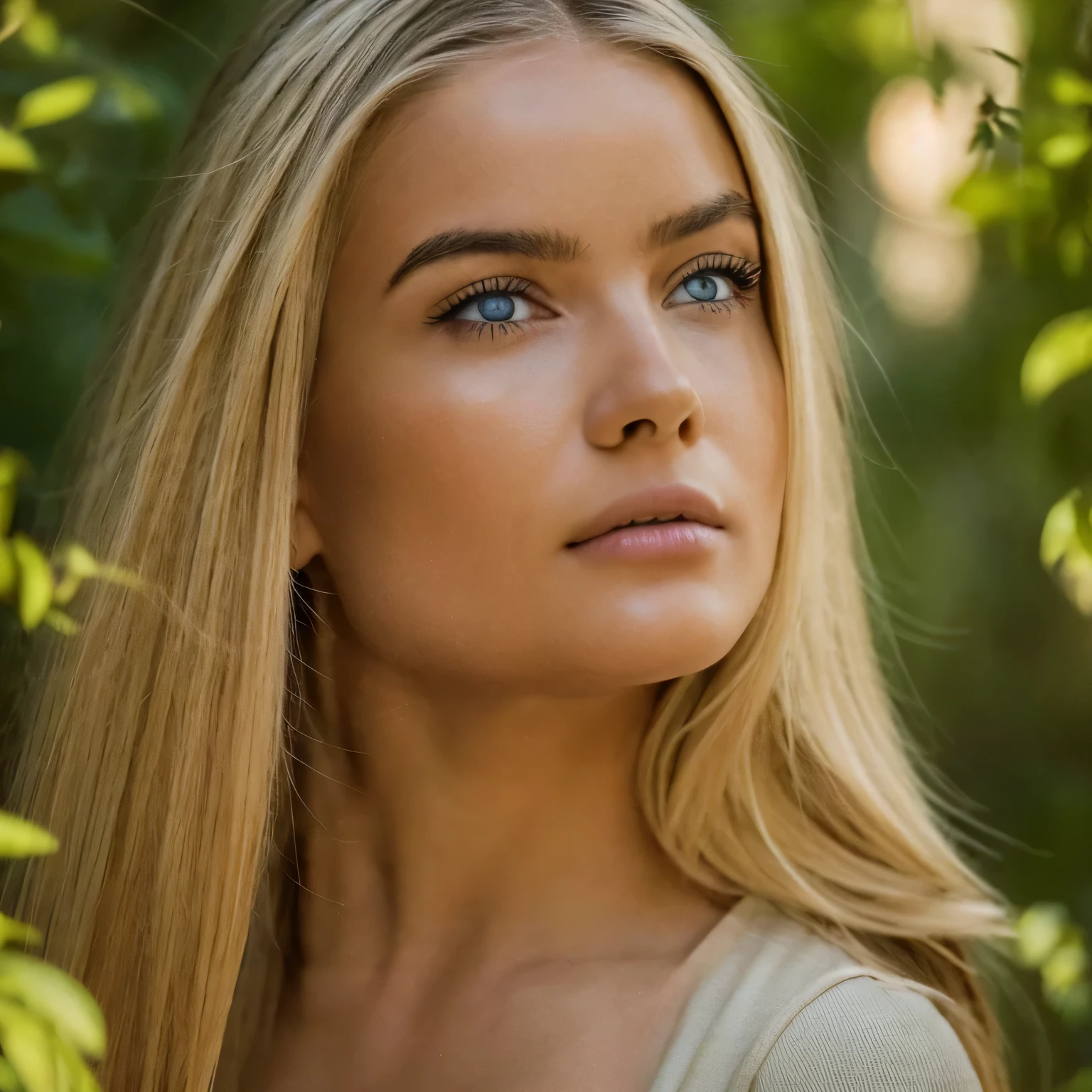 Hyper-realistic action scene in which a beautiful blonde woman closely examines the flora and fauna of America. "Add extremely precise details to plants, Animales, and the expression of astonishment on Columbus' face, 8k, CinematicLight, foto realista, Renderizado de octanaje, centrado, obra maestra, 35mm,