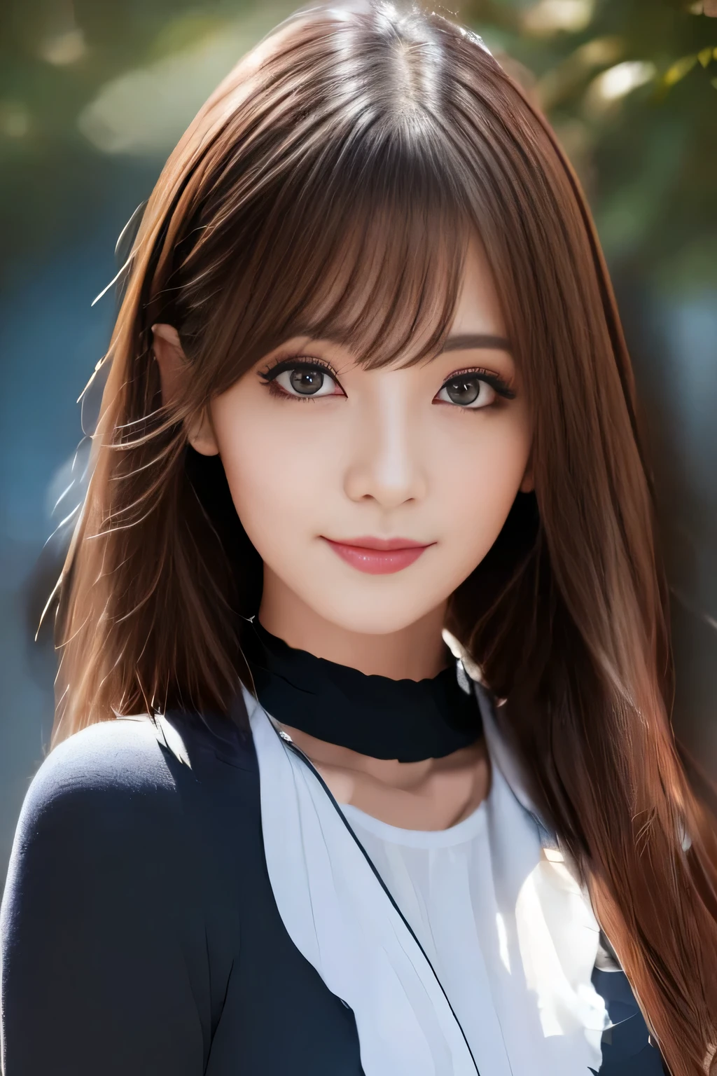 ((highest quality, 8K, Representative works in detail, ultra high resolution)), (looking at the viewer), (middle shot), attractive woman, ((big breasts)), smile, ((black choker)), slim body shape, (big breasts, Blue colored contacts), long eyelashes, bangs, Beautiful shiny brown hair, Nogizaka Idol, slim face、((uniform))