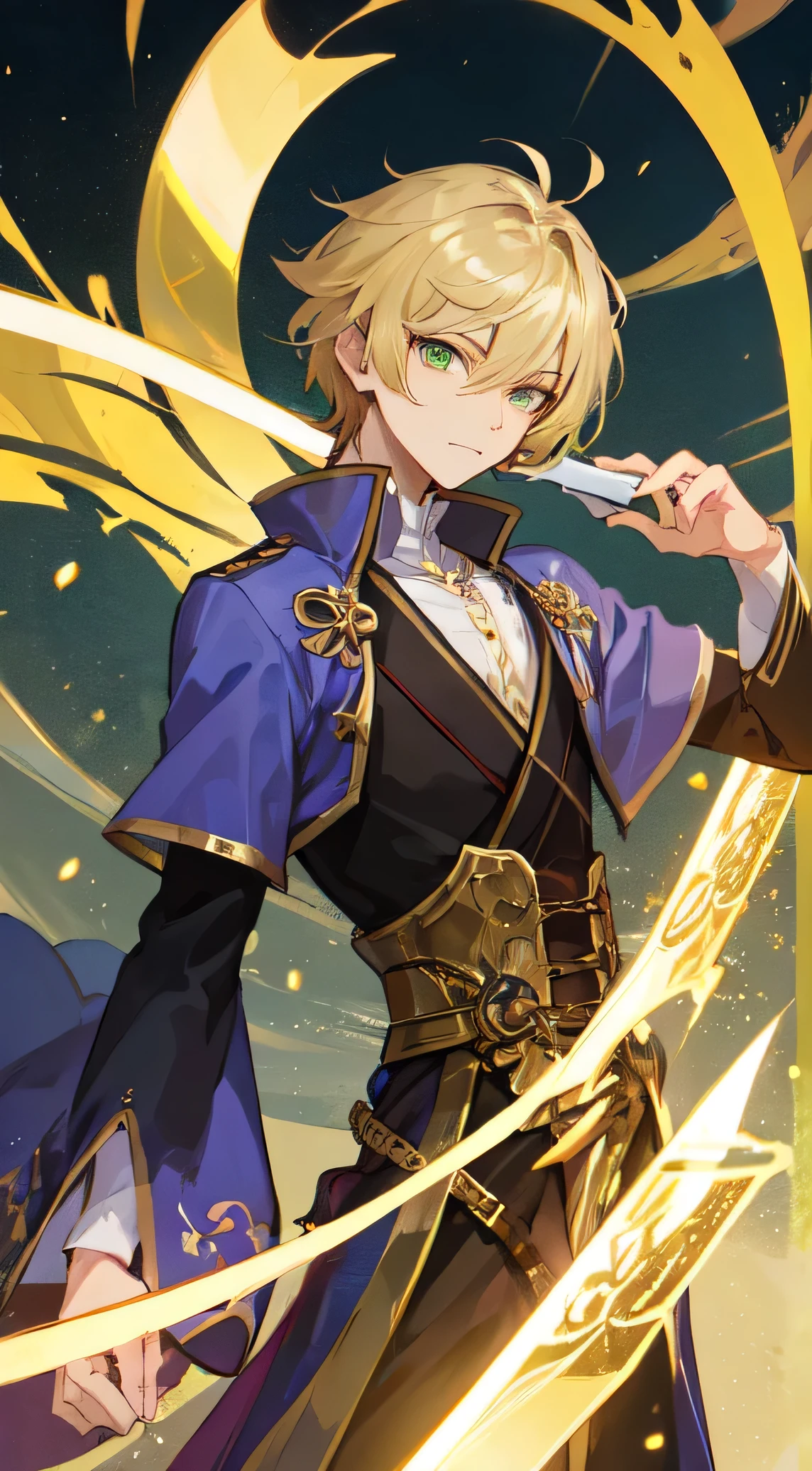 22 year old male , Short blonde hair, green eyes, The new emperor, swordsman ,throne, golden sword, Golden Dawn, Make it like tarot anime style but without the frame, sharp eyes , gorgeous, Golden energy, Golden particles, Golden knife light, golden slash