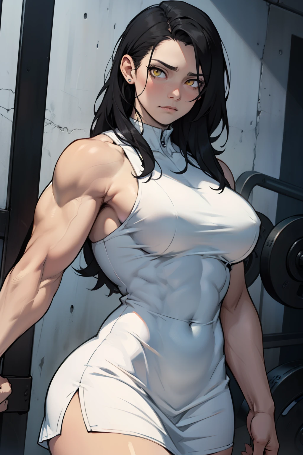 a busty female bodybuilder with pale skin black hair and yellow eyes wearing a dress sad