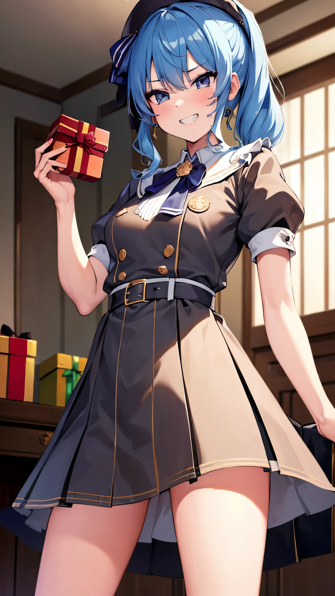 （(((Give the boy a gift box)))）, （Gift exchange）　,（((Give a gift))）, flat tits,8K,highest quality,masterpiece, highest quality, High resolution, side ponytail, hoshimachi suisei,skinny ,she is sadistic、 ((charm))、Keep your lips open、 (((evil grin)))、perfect proportions、perfect finger、((in her room))、(((she is standing))),from below,