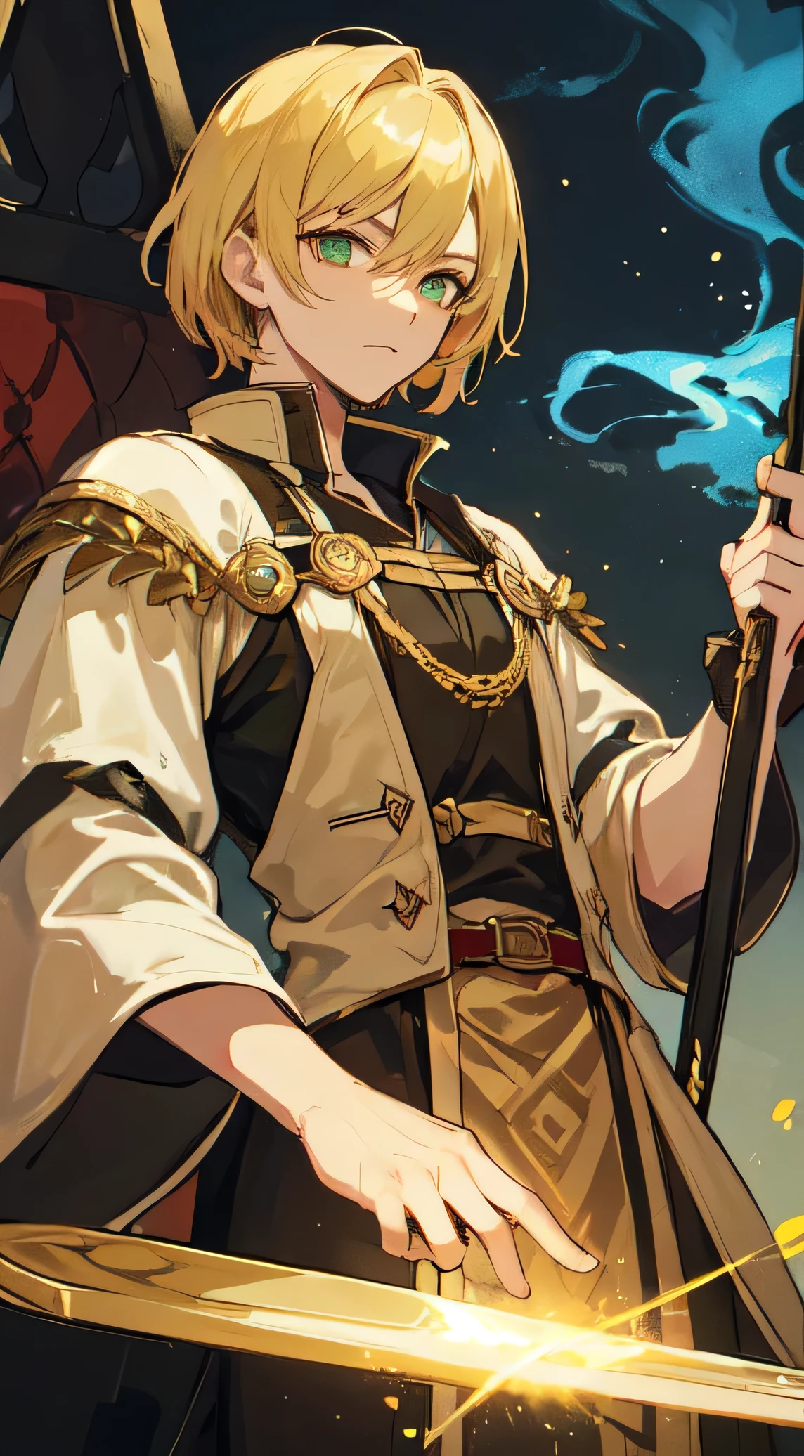 22 year old male , Short blonde hair, green eyes, The new emperor, swordsman ,throne, golden sword, Golden Dawn, Make it like tarot anime style but without the frame, sharp eyes , gorgeous, Golden energy, Golden particles, Golden knife light, golden slash