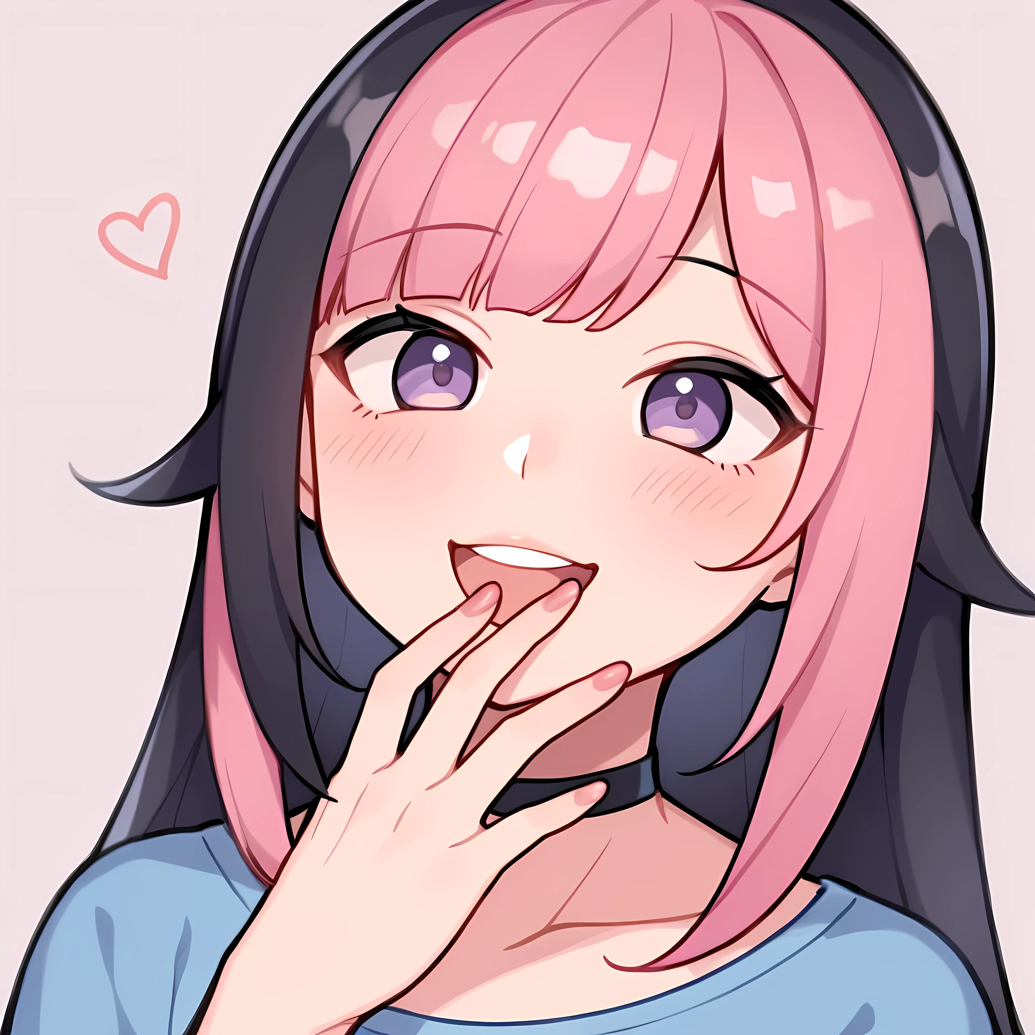 score_9, score_8_up, score_7_up, 1girl, giggle, hand over mouth, laugh, ((portrait)), ((curvy)), ((twitch emote)), (((cute face))), long hair, bangs, black pink hair, ((black and pink hair)), ((black hair)), gorgeous purple eyes, big eyes, anime eyes, eyeliner, long lashes, soft and full lips, choker, jewelry, crop top, (Jelly Art Style:0.2), ((anime style:0.8)), (((white background))), twitch emote,