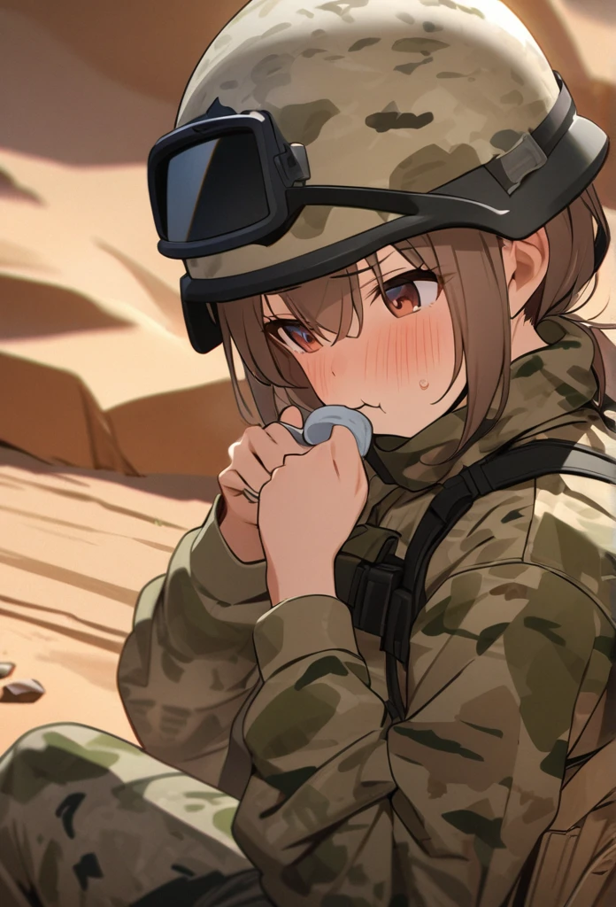 High quality, high definition images, full HD、8k.1 girl Short chestnut hair wearing US combat uniform Wear a helmet deeply,(desert camouflage)
 、Sitting on desert rubble, eating rations, coffee in hand,back view,Turn around and look embarrassed.close up face,
 