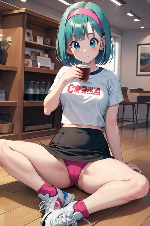 masterpiece, highest quality, High resolution, Dragon Ball, Brumid, aqua hair, medium hair, dull bangs, red hair band, medium breasts, roll up one's shirt、pencil skirt, Embroidered panties、embroidery bra、open legs、sneakers、loose socks、whole body、cowboy shot, indoors, sitting, holding a cup, coffee, looking at the viewer,