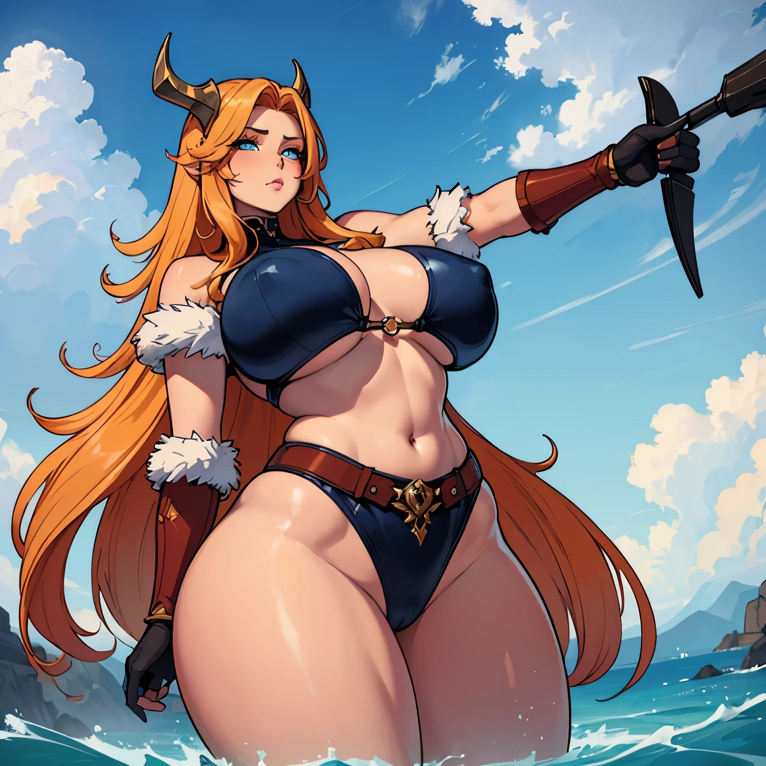 (Masterpiece) Gorgeous warlord woman, Viking, hunting on a deserted island , dirty Viking outfit, gorgeous orange fluffy hair, beautiful blue eyes, (((giant breasts))), fur leggings, armor, ((((extremely massive thighs)))), ((very wide hips)), (((very curvy)))