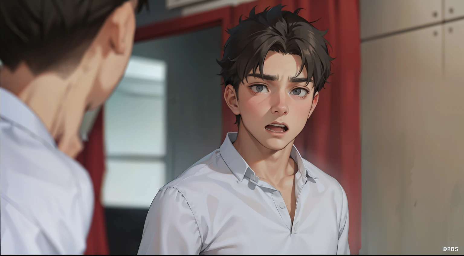 There is a 17-year-old boy with gray hair who is yelling at someone with a look of distrust.