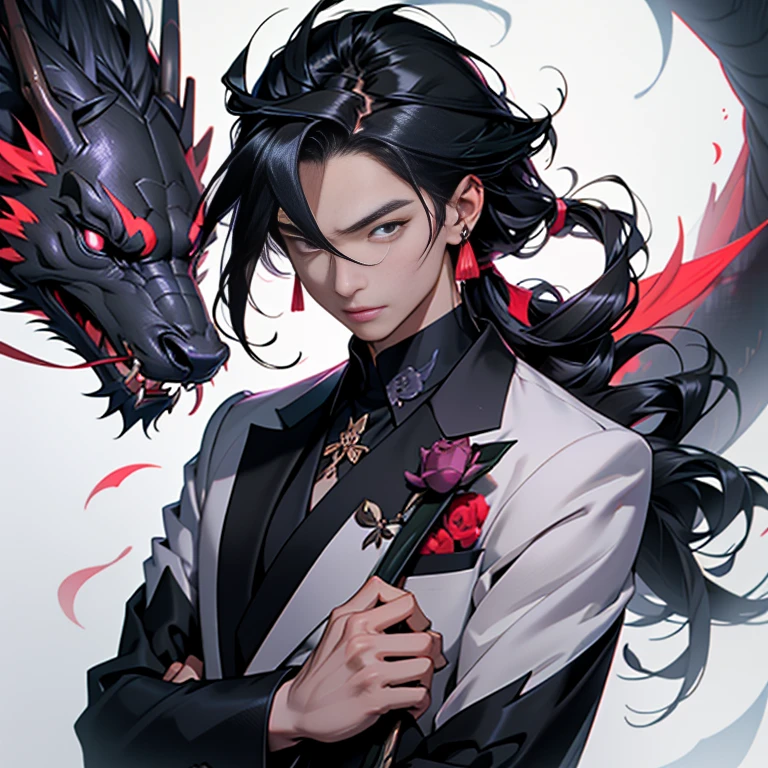 Chinese Male Man: In this illustration, a handsome Chinese guy exudes confidence as he dons a cool, black tuxedo. Surrounded by a middle wind, his long pink hair flowing softly in the breeze, he gazes directly at the camera with an air of mystery and charm. The Dracula aristocrat-style adds allure to his already captivating presence. With his youthful and lovable male sensibilities, this illustration is perfect for showcasing the beauty of Chinese anime style.
Black Rose: A young, charming Chinese man is depicted in the captivating anime style, elegantly holding a black rose. His suave appearance is accentuated by his cool, well-tail