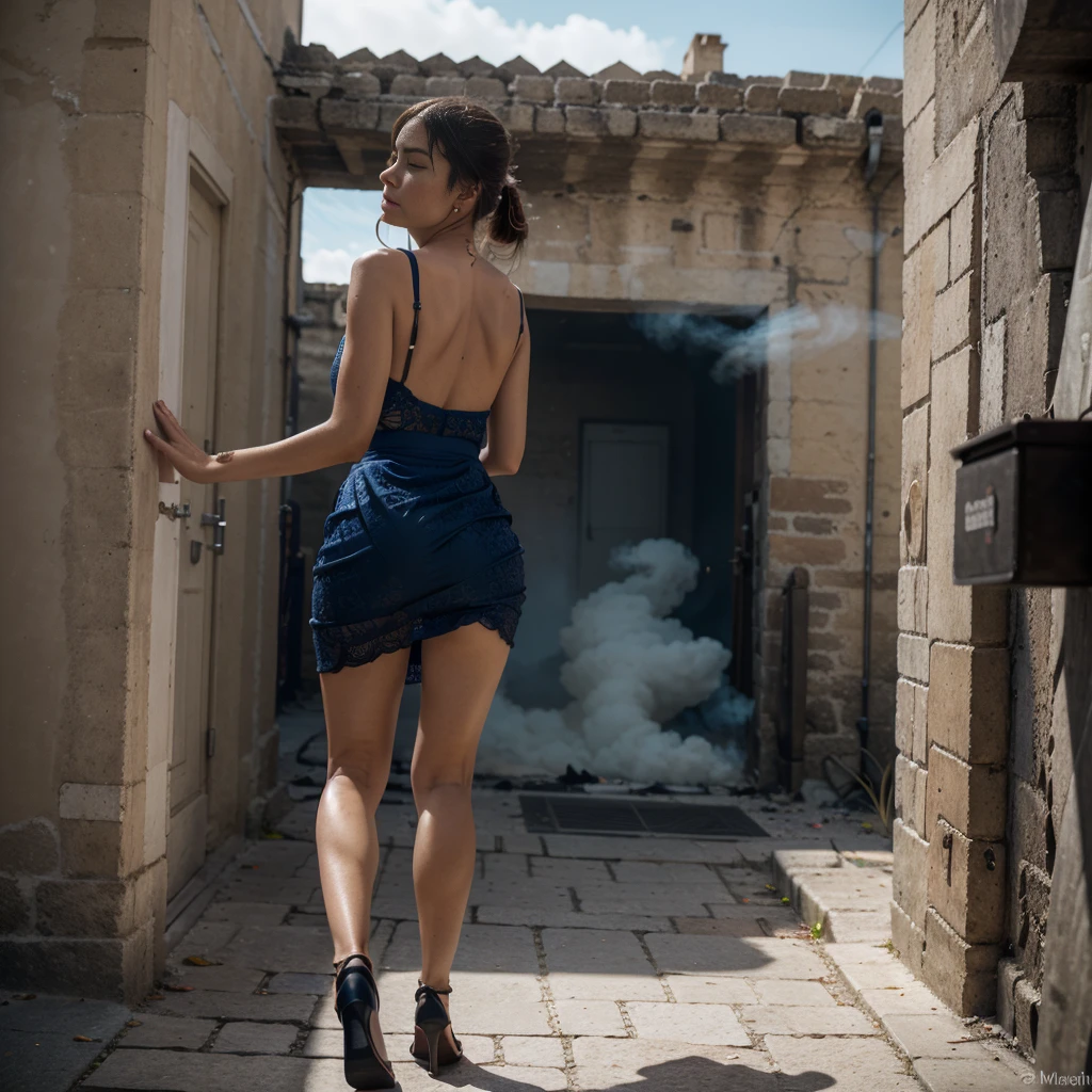 (1woman, full body), a woman is running, woman escapes, (solo woman:1.3), lady wearing a long lacy torn electric blue dress, wind rises her long skirt showing perfect buttocks. she turns her Beautiful face to the viewer, handbag in her hand, realistic hands, high-heels. She runs down Matera streets. sassi_di_matera, tuff walls. City landscape. She escapes from fire and smoke, Beautiful perfect worried face. Closed eyes, cying, slightly open mouth, smooth skin, real pores, (windyupskirt), back view, (woman is running:1.5), best quality, fine details, {{masterpiece, best quality, extremely detailed CG, unity 8k wallpaper, cinematic lighting, lens flare}}. ((extreme detail)), (ultra-detailed), best quality, ultra high res, (8k, RAW photo, masterpiece, realistic, photorealistic:1.4), 8k uhd, dslr, absurdres, ray tracing, high quality texture, intricate details, detailed texture, finely detailed. Dramatic dark lights, night illumination, skirtlift, she is alone in terrific place, fear, low angle