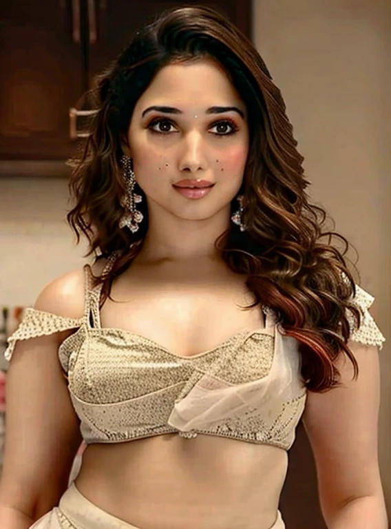 a closeup portrait of a Tamanna, undercut hair, apron, amazing body, pronounced feminine feature, busty, kitchen, [ash blonde | ginger | pink hair], freckles, flirting with camera,  