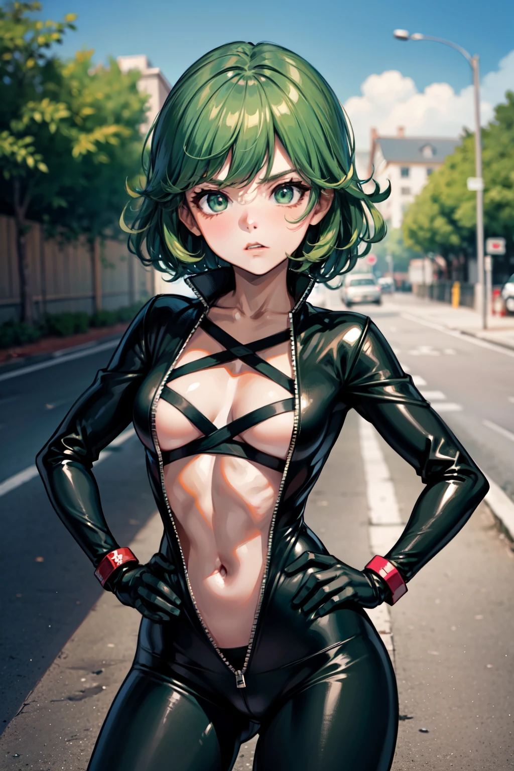 (masterpiece), best quality, expressive eyes, perfect face, 1girl, tatsumaki, breasts, standing, ((small breast)), solo, (abs), ((green hair)), short hair, curly hair, green eyes, ((tsundere)), serious, looking at viewer, perfect eyes, perfect face, latex bikesuit,cross-laced, navel,latex gloves, outdoors, road, hands on hips, cowboy shot