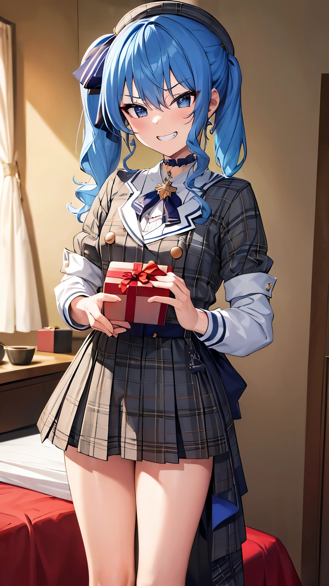 （(((Give the boy a gift box)))）, （Gift exchange）　,（((Give a gift))）, flat tits,8K,highest quality,masterpiece, highest quality, High resolution, side ponytail, hoshimachi suisei,skinny ,she is sadistic、 ((charm))、Keep your lips open、 (((evil grin)))、perfect proportions、perfect finger、((in her room))、(((she is standing))),from below,