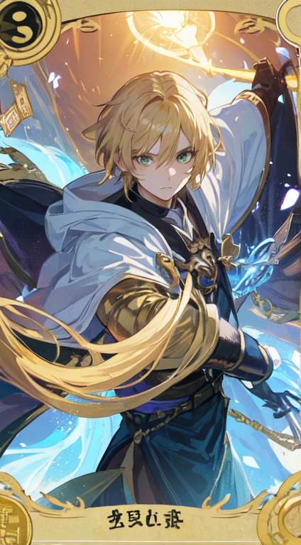 22 year old male , Short blonde hair, green eyes, The new emperor, swordsman ,throne, golden sword, Golden Dawn, Make it like tarot anime style but without the frame, sharp eyes , gorgeous, Golden energy, Golden particles, Golden knife light, golden slash